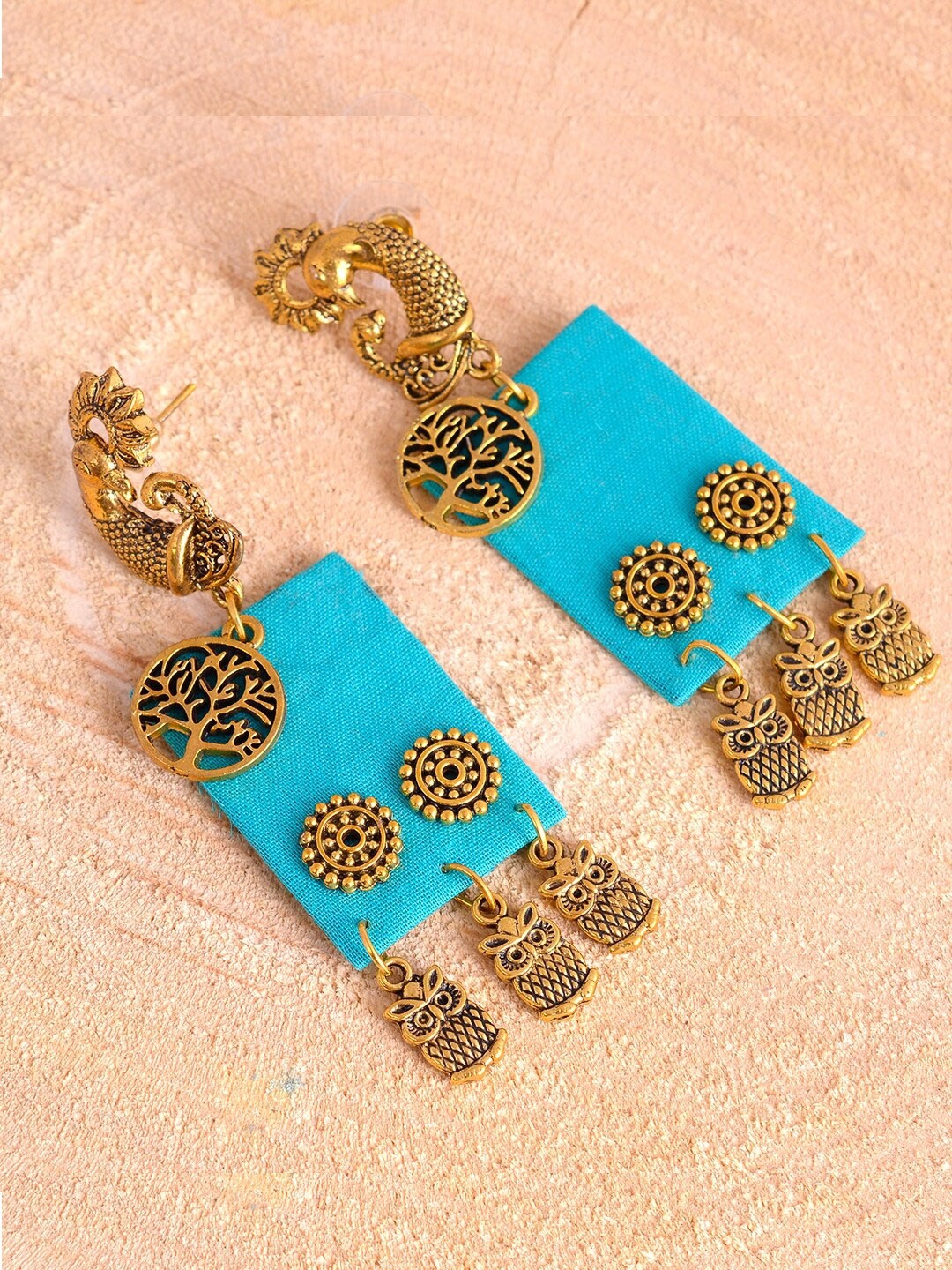 

kashwini Gold-Plated & Turquoise Blue Brass & Fabric Contemporary Drop Earrings