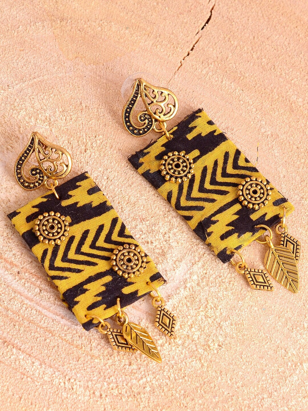 

kashwini Women Gold-Toned & Yellow Fabric Dangle Drop Earrings