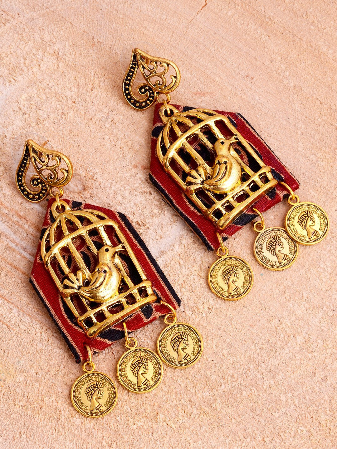 

kashwini Gold-Plated & Red Brass & Fabric Contemporary Drop Earrings