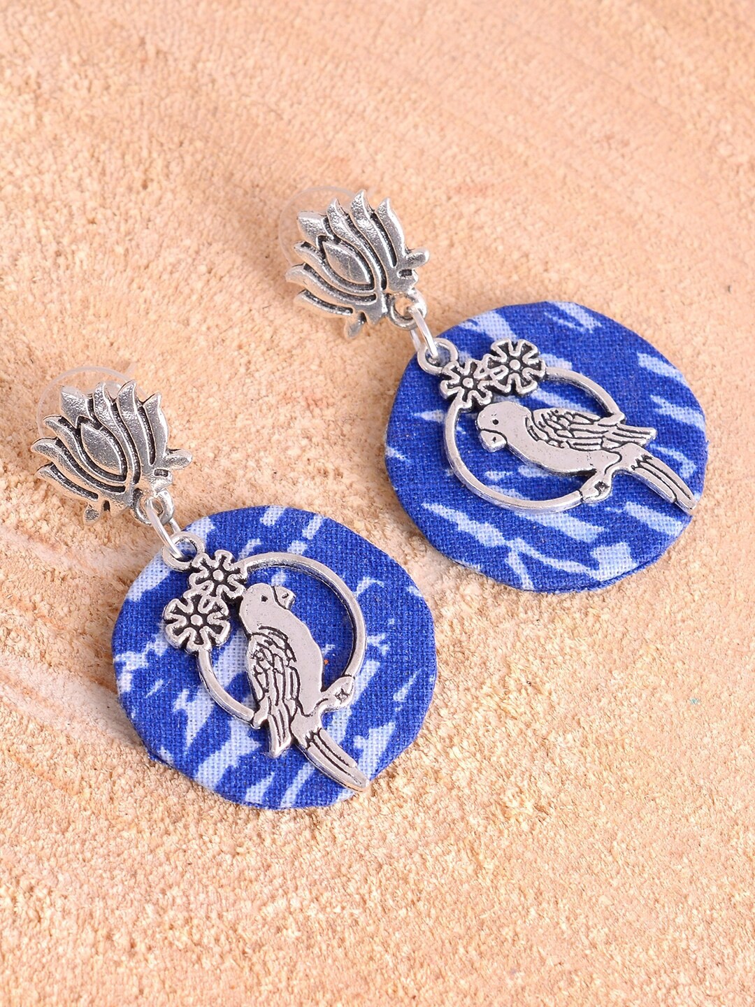 

kashwini Silver-Plated & Blue Brass & Fabric Contemporary Drop Earrings