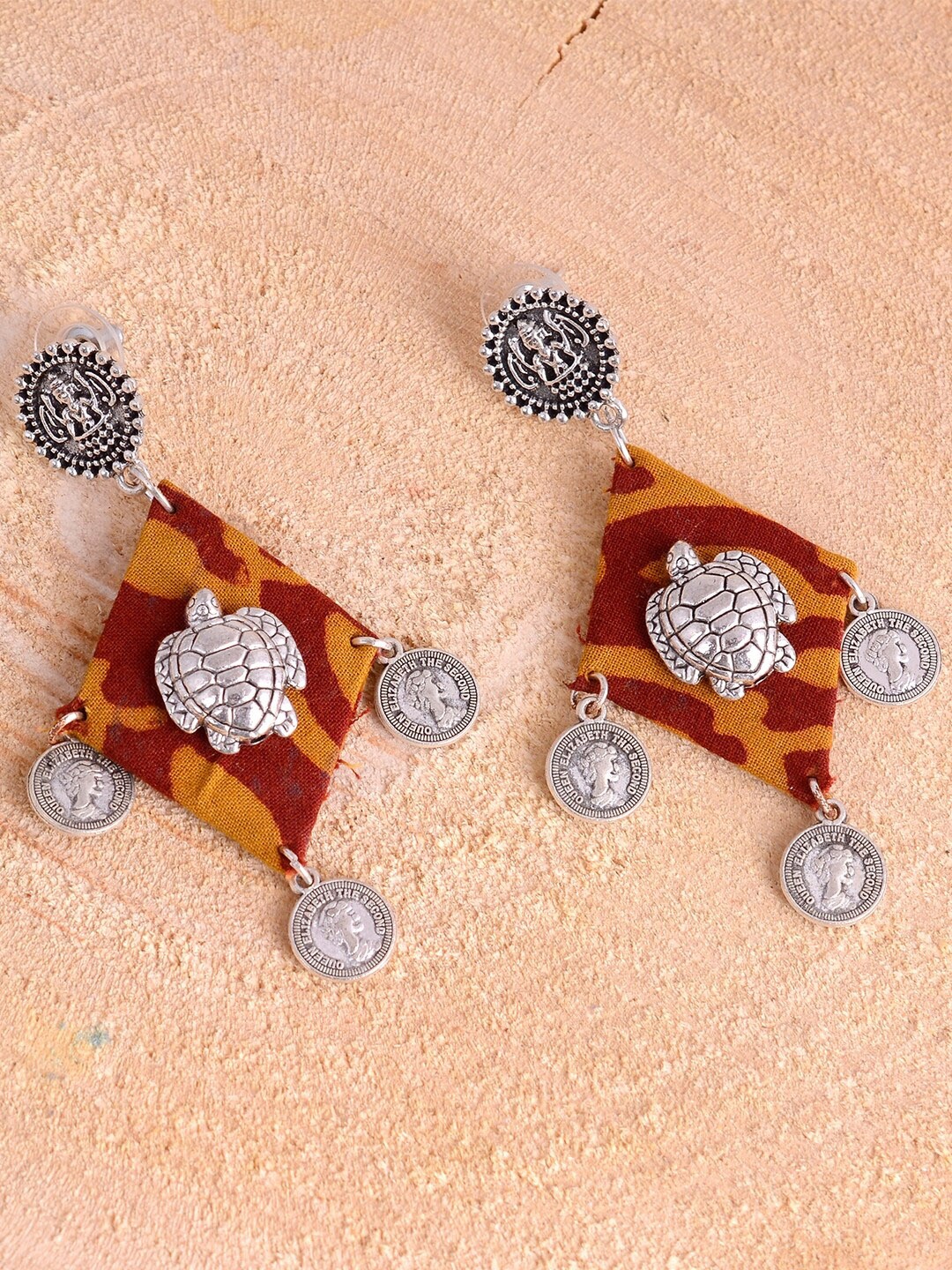 

kashwini Silver-Plated & Yellow Brass & Fabric Contemporary Drop Earrings