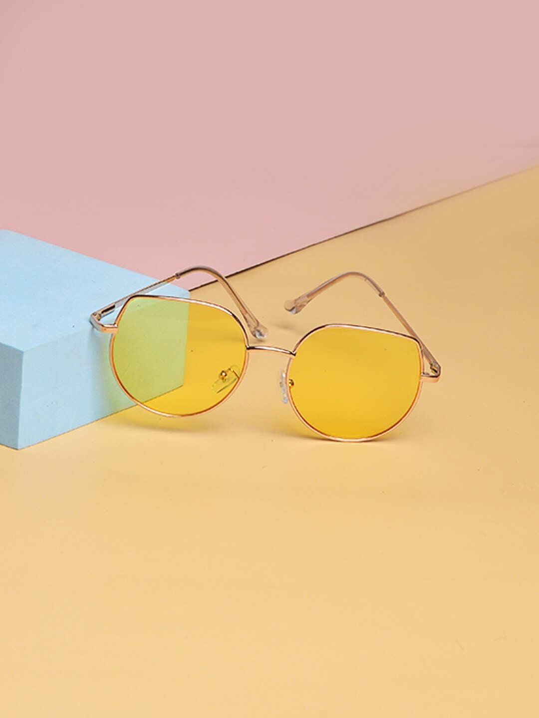 

POPLINS Unisex Kids Yellow Lens & Rose Gold-Toned Round Sunglasses with UV Protected Lens