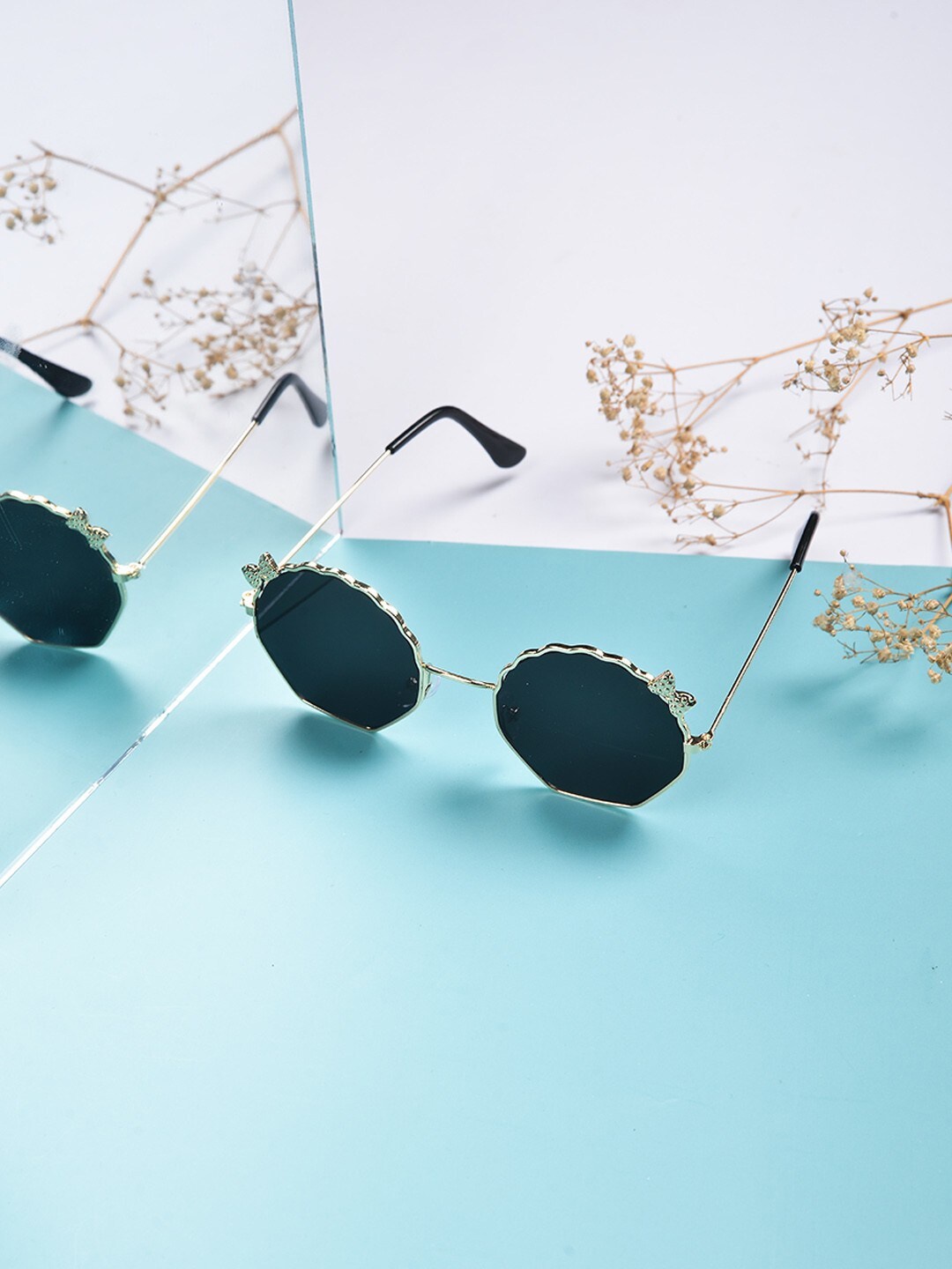 

POPLINS Unisex Kids Black Lens & Gold-Toned Round Sunglasses with UV Protected Lens