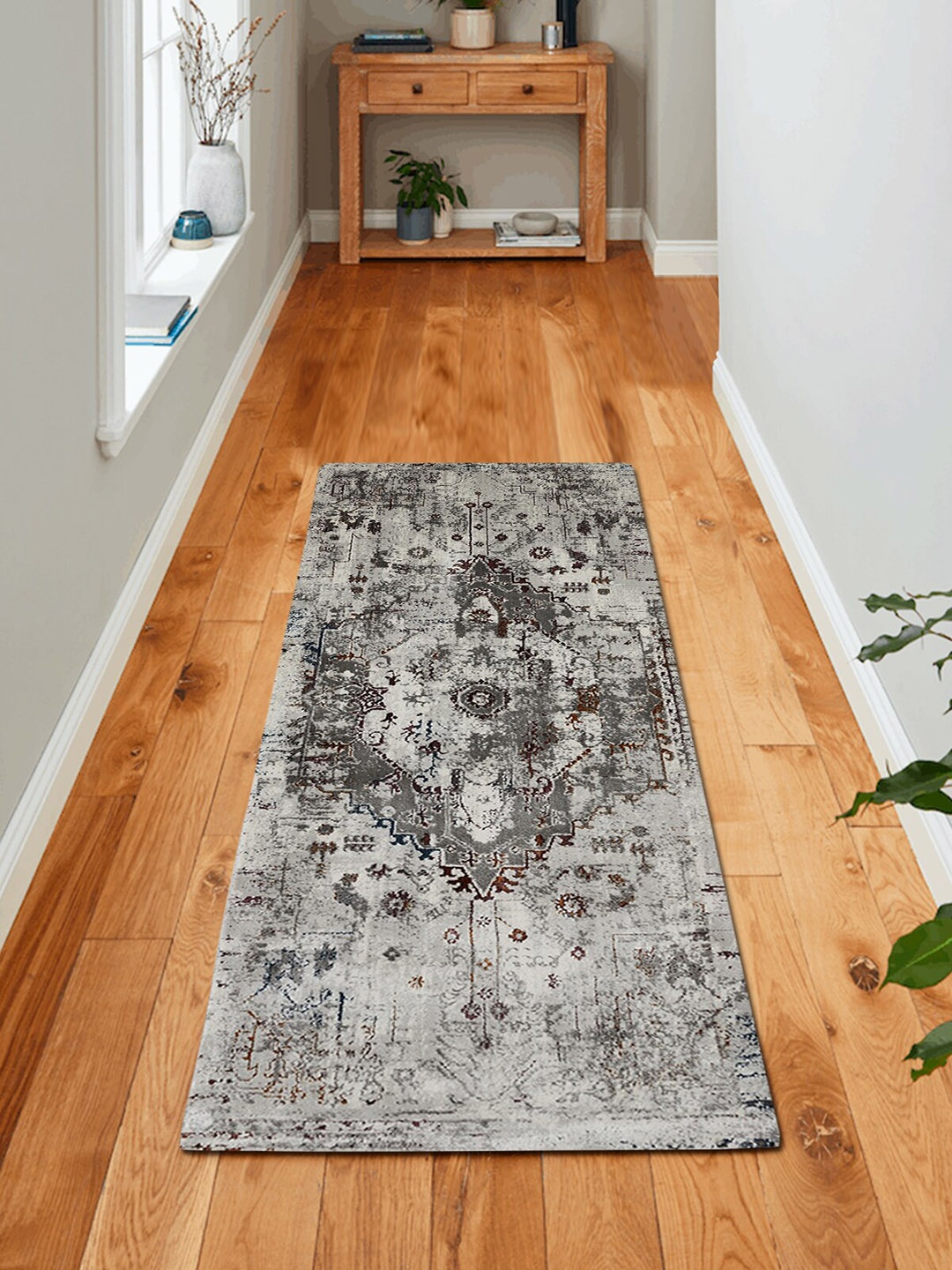 OBSESSIONS White & Grey Ethnic Motif Floor Runners