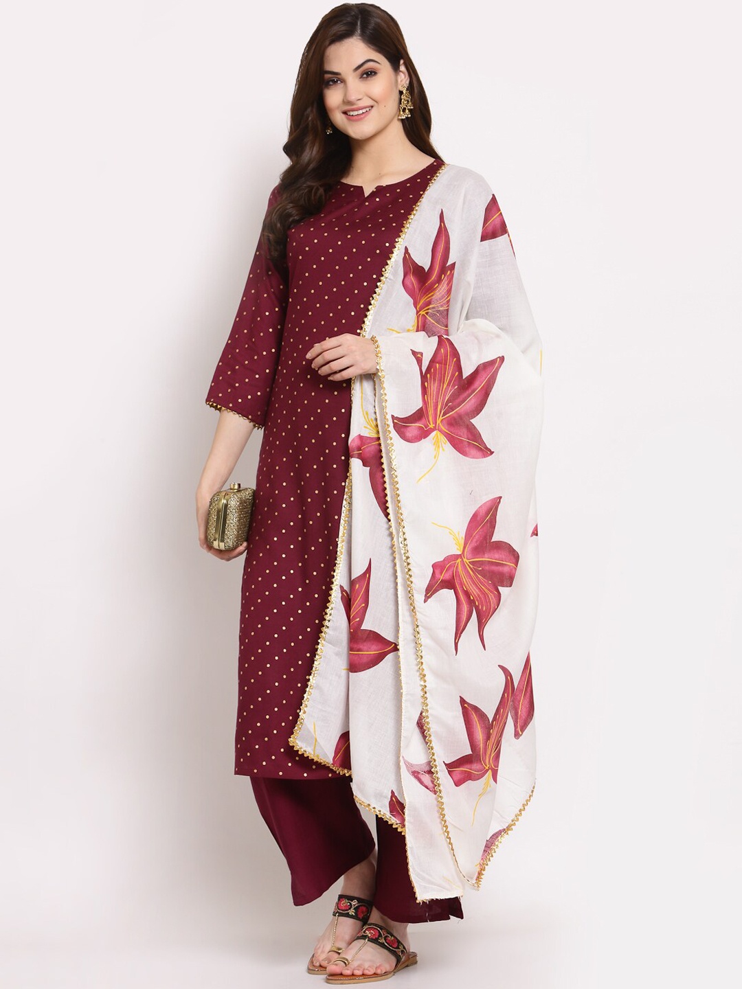 

KALINI Women Maroon & White Polka Dot Printed Kurta With Palazzo & Dupatta