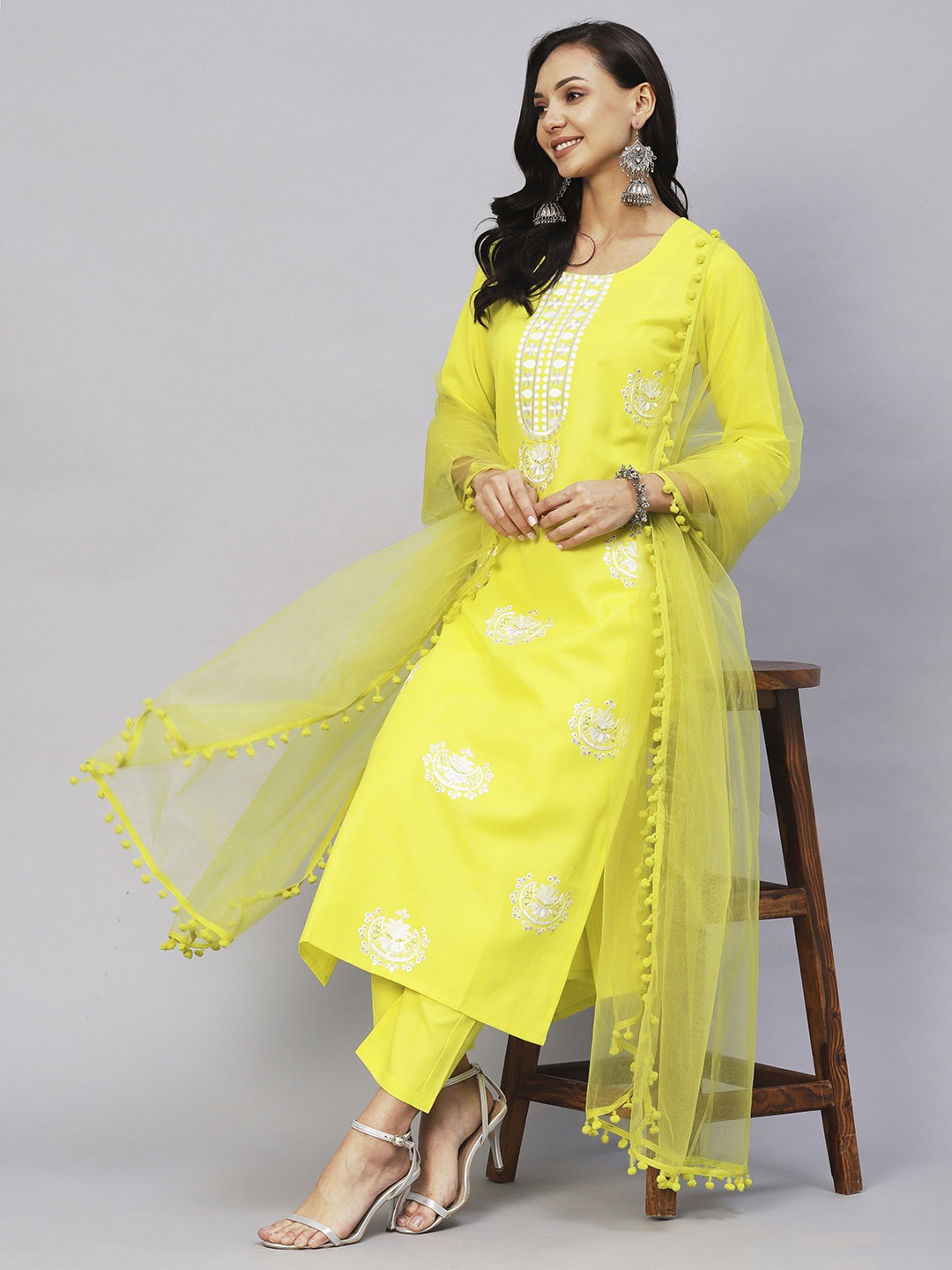 

KALINI Women Lime Green Embroidered Kurta with Trousers & With Dupatta