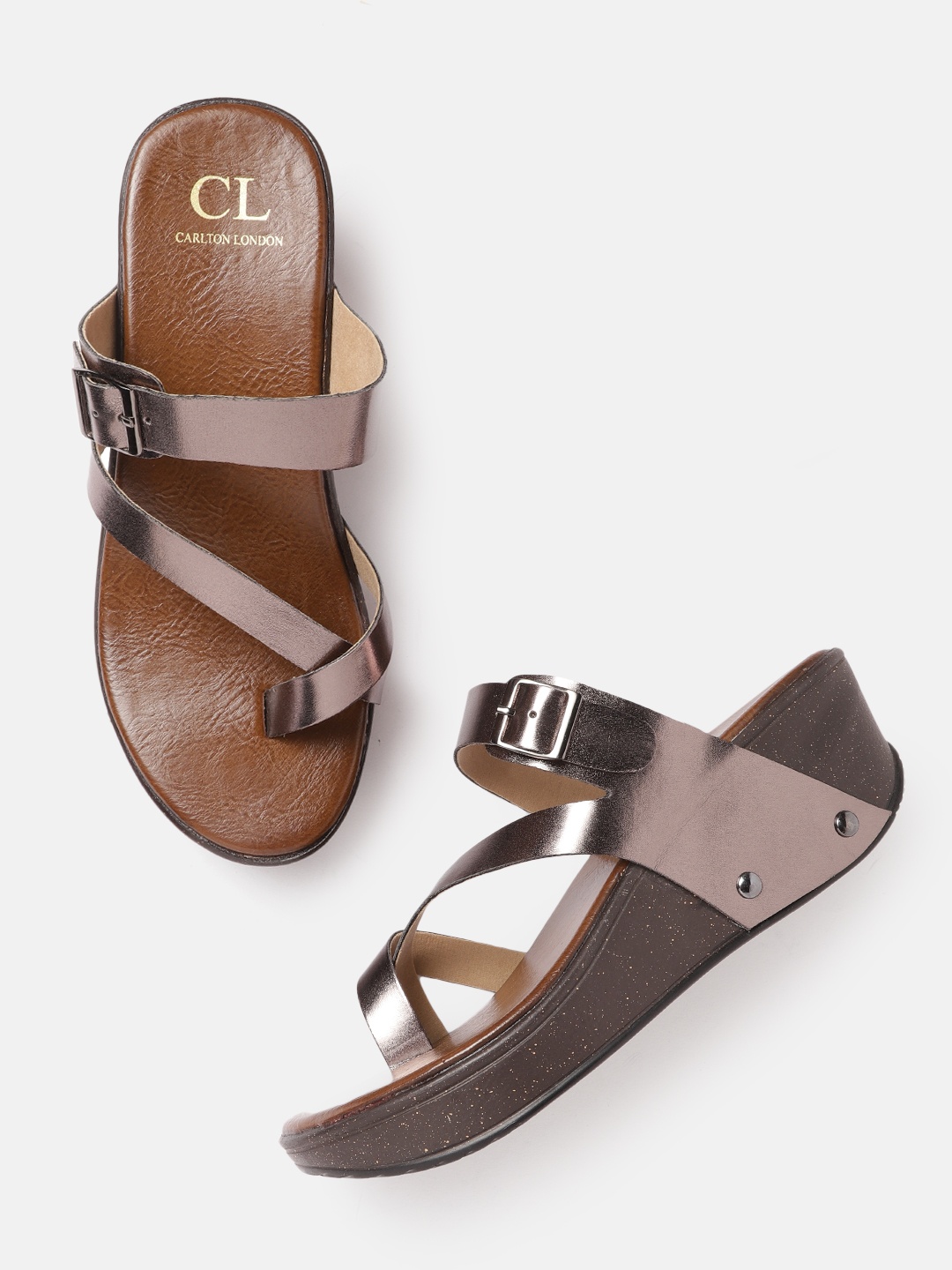 

Carlton London Women Gunmetal-Toned Wedge Heels with Buckles, Metallic