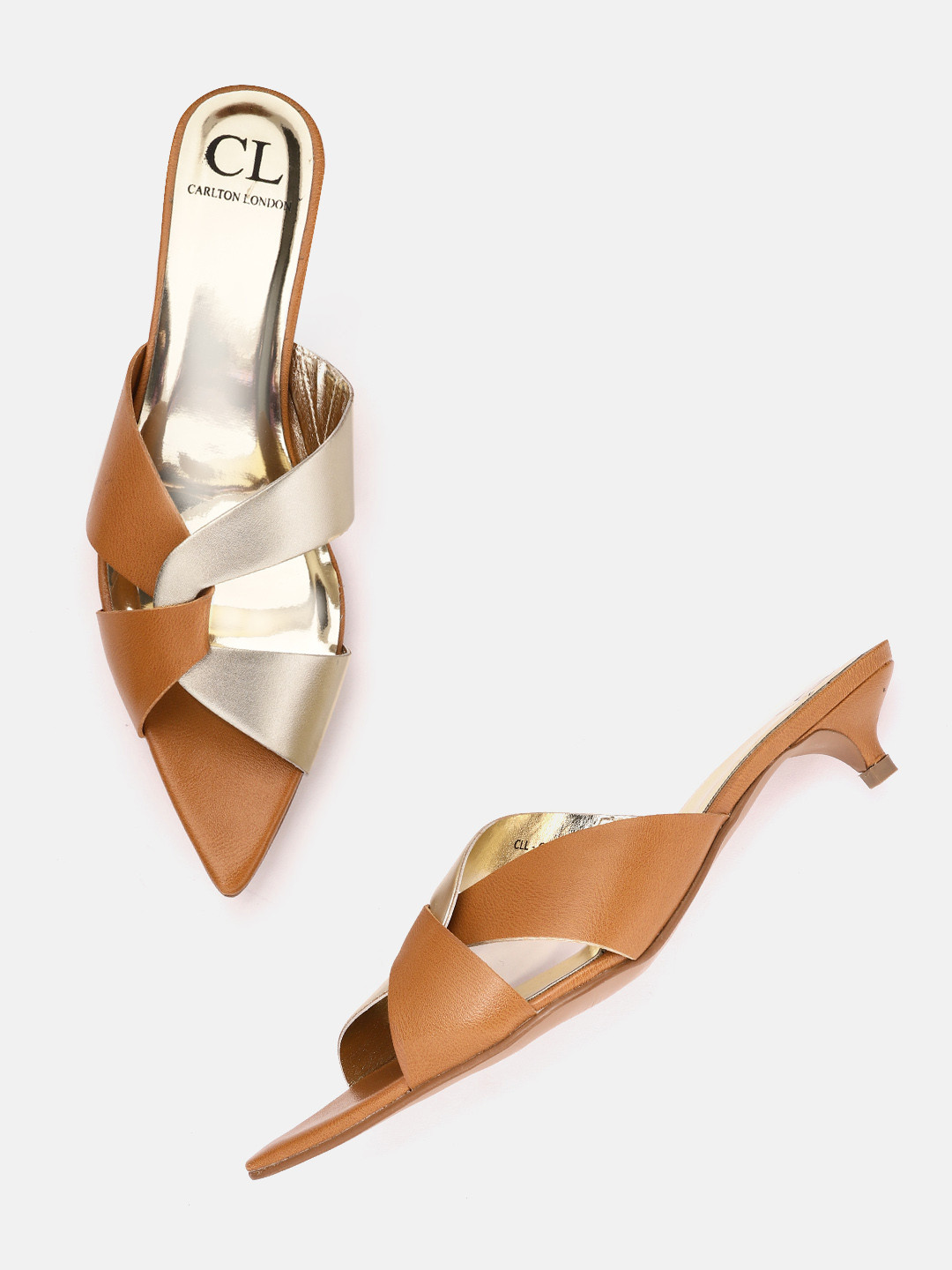 

Carlton London Tan Brown & Gold-Toned Colourblocked Kitten Heels