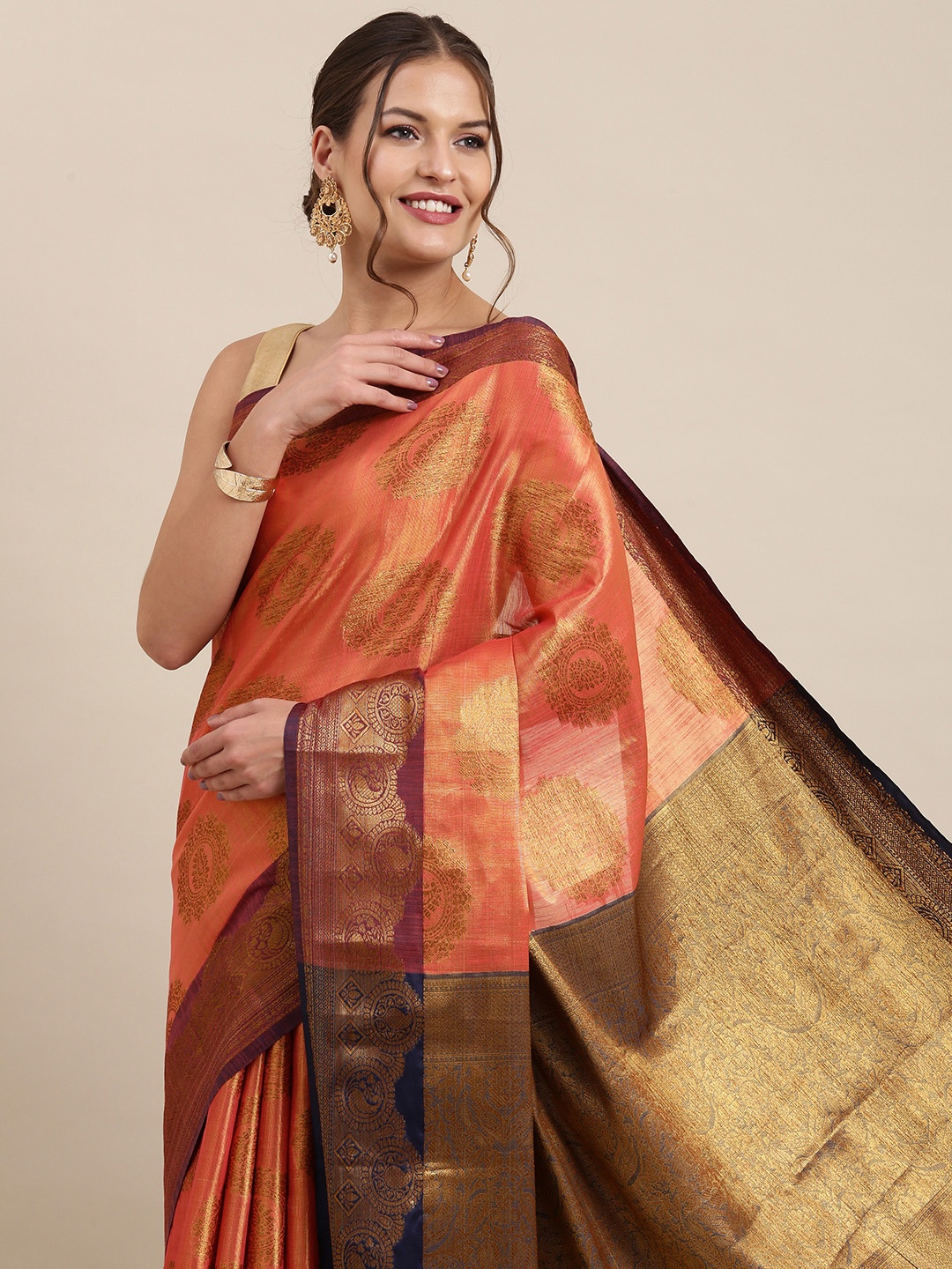 

PERFECTBLUE Peach-Coloured & Golden Ethnic Motifs Art Silk Kanjeevaram Saree