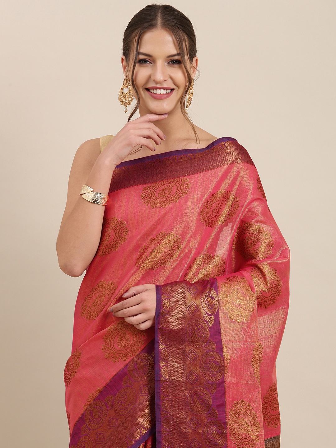 

PERFECTBLUE Pink & Gold Ethnic Motifs Silk Blend Kanjeevaram Saree