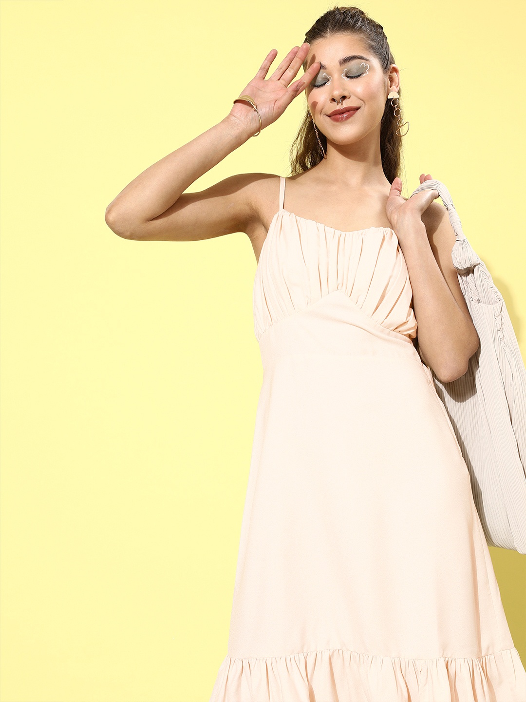 

LY2 Women Cream-Coloured Solid Midi Flounce Hem A-Line Dress