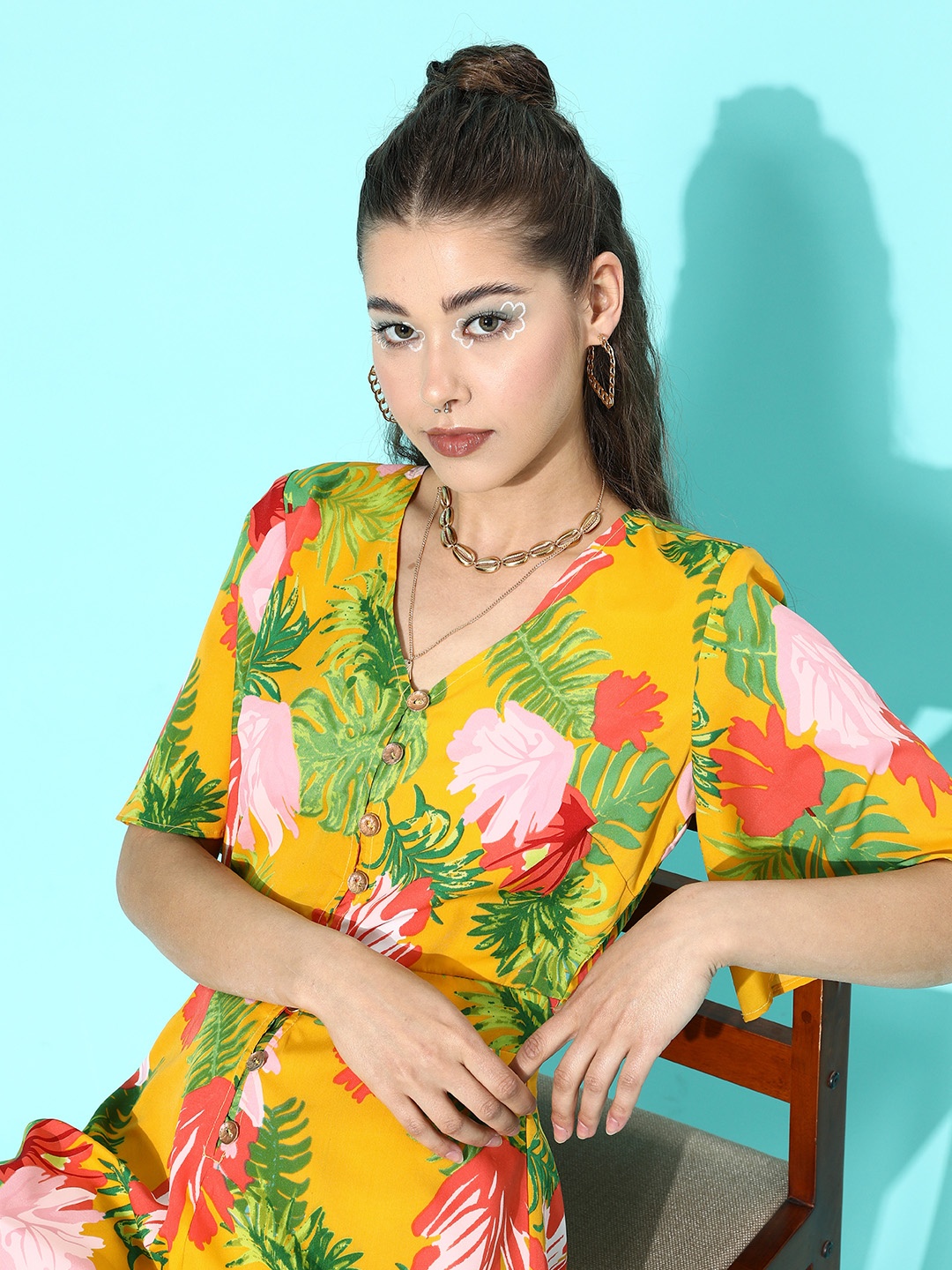 

LY2 Women Mustard Yellow & Green Floral Print Flared Sleeves Playsuit