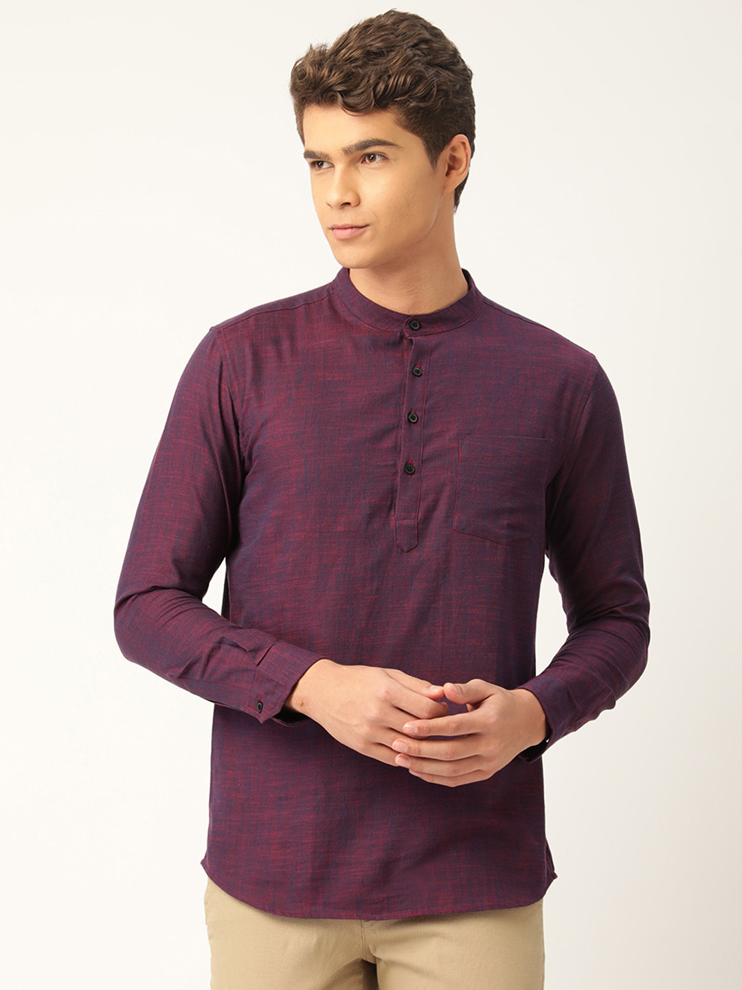 

WHITE HEART Men Burgundy Mandarin Collar Cotton Kurta