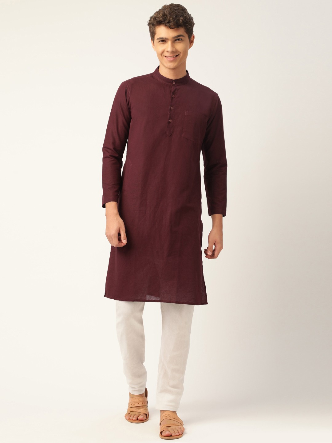

WHITE HEART Men Maroon Mandarin Collar Cotton Kurta