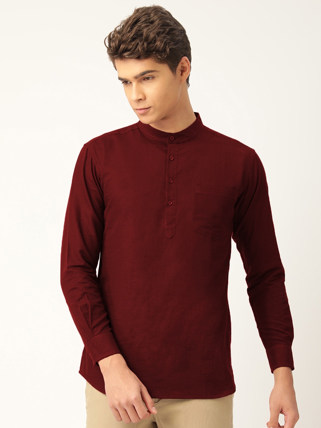 

WHITE HEART Men Maroon Mandarin Collar Cotton Kurta