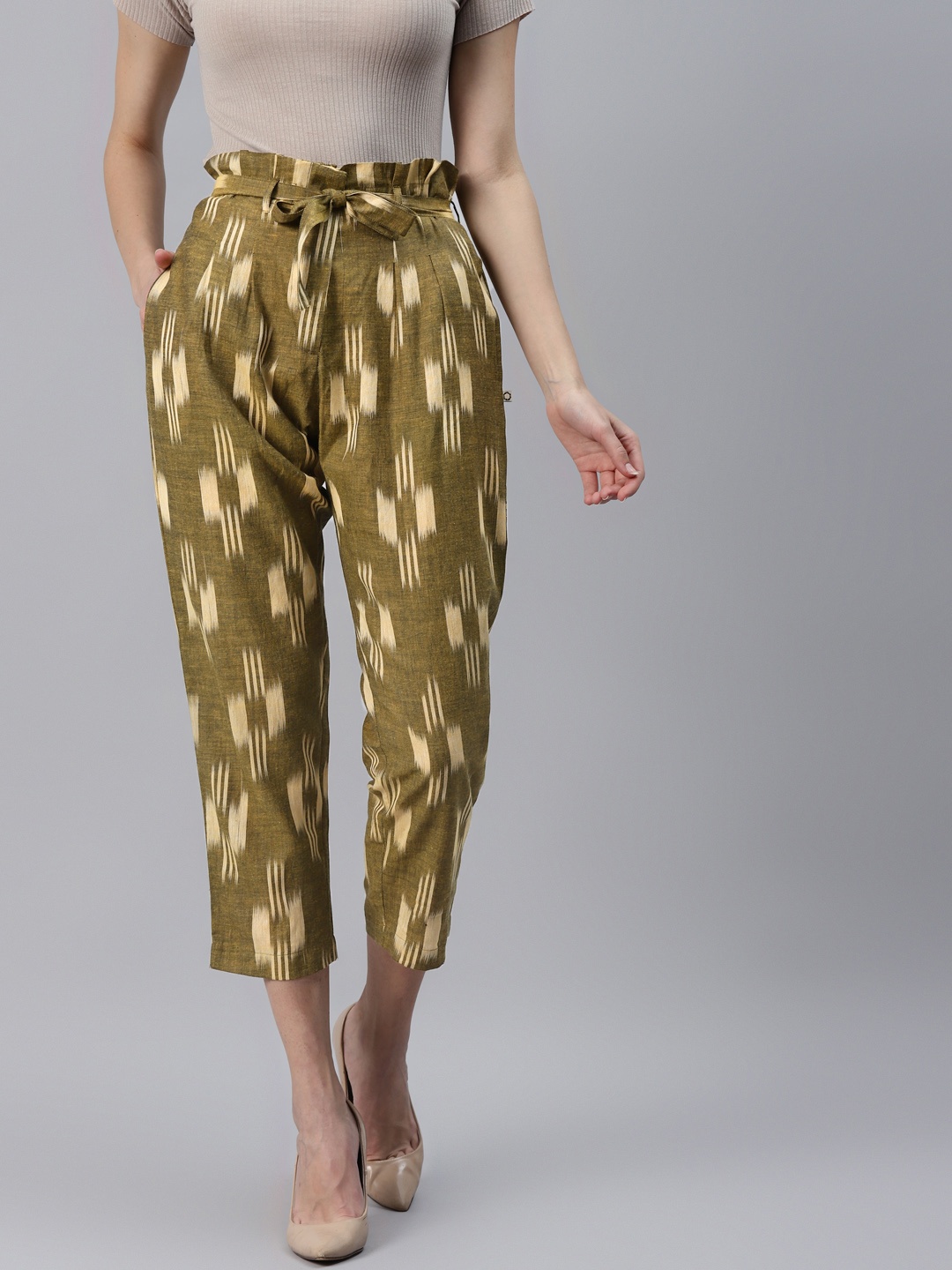 

FABNEST Women Mustard Yellow Printed Relaxed High-Rise Pleated Pure Cotton Peg Trousers