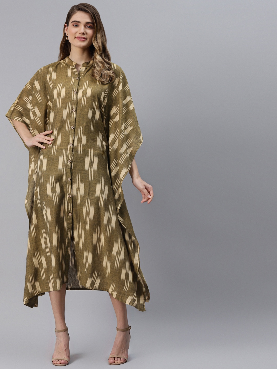 

FABNEST Mustard Yellow Printed Pure Cotton Kaftan Midi Dress