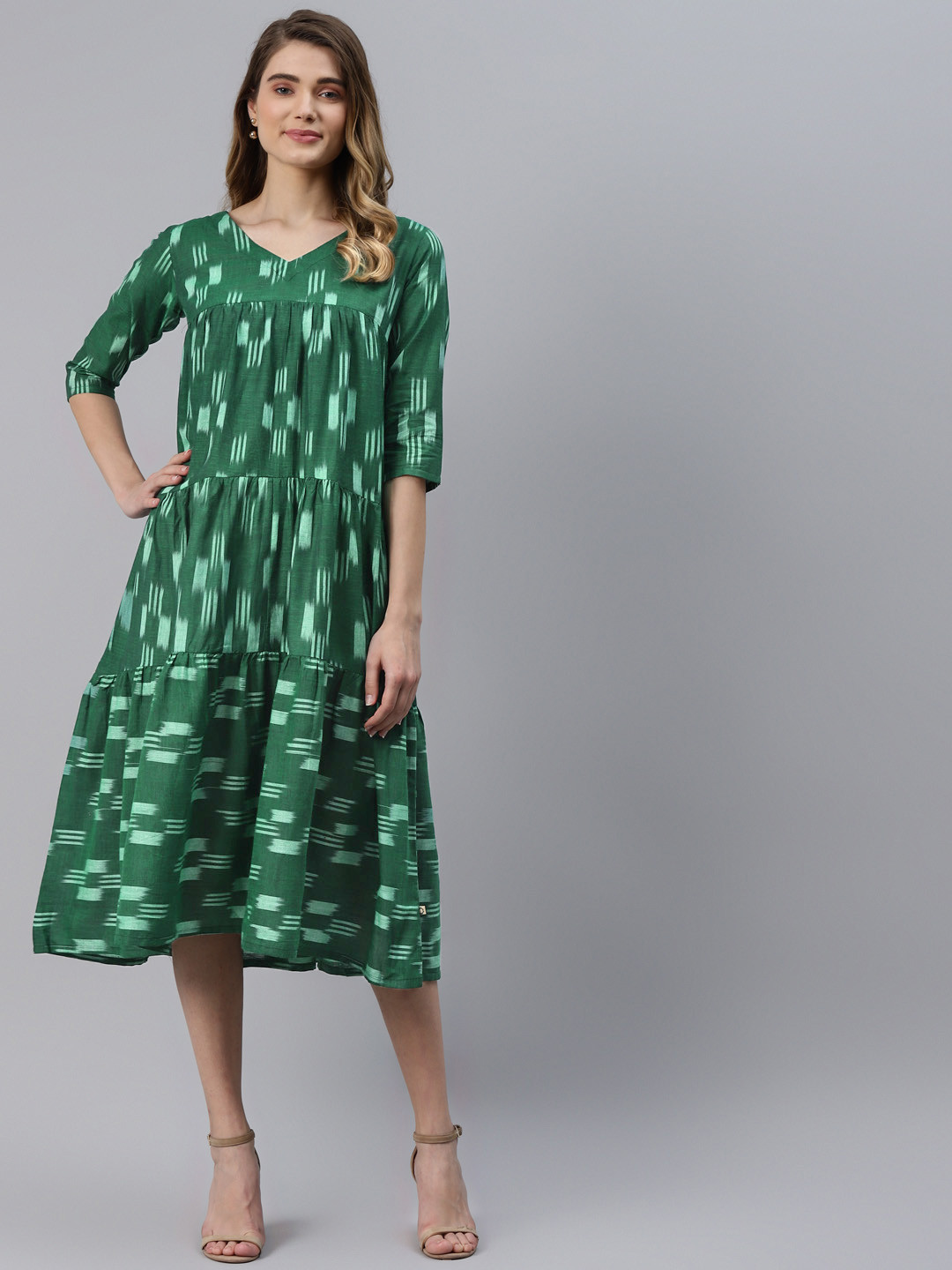 

FABNEST Green Printed Pure Cotton A-Line Tiered Dress