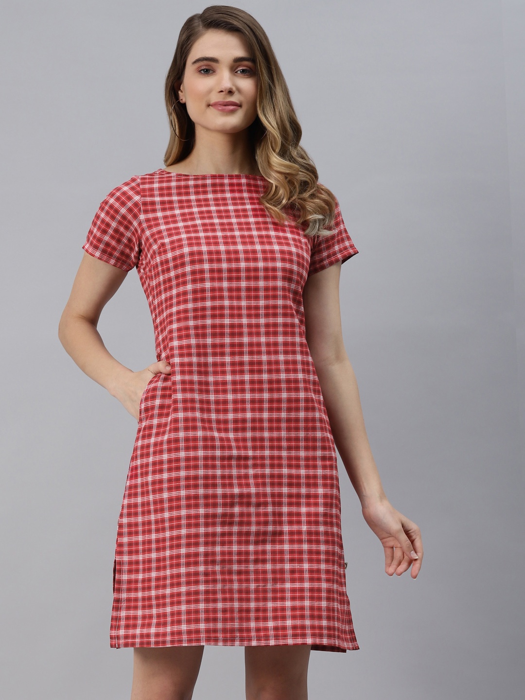 

FABNEST Red & White Checked Pure Cotton Sheath Mini Dress