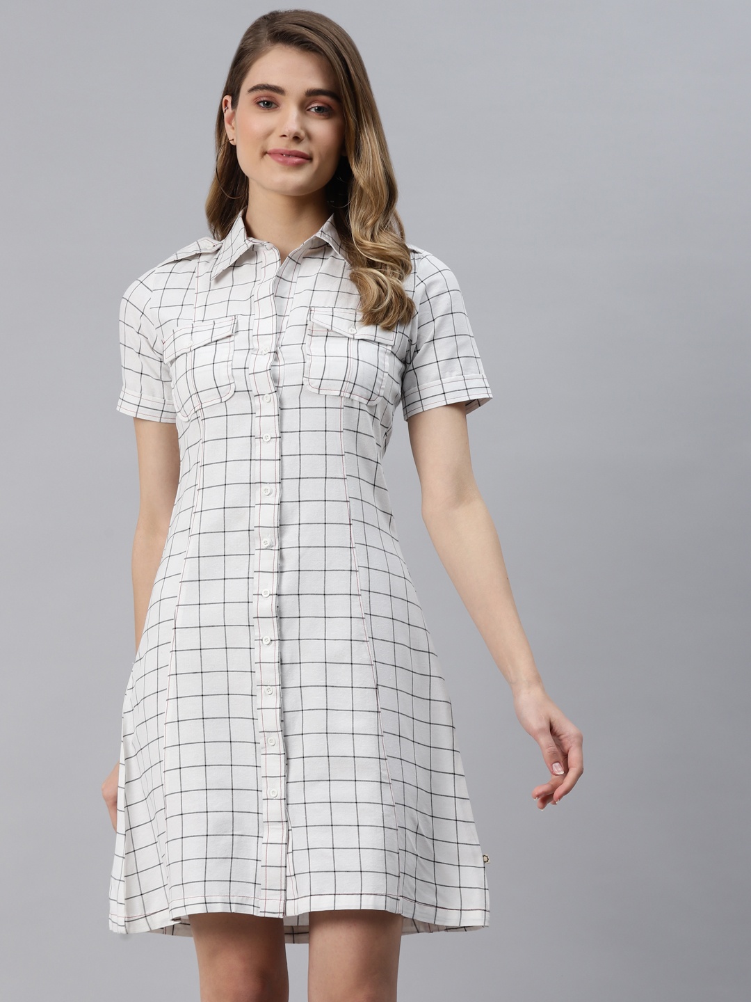 

FABNEST White & Black Checked Pure Cotton Shirt Mini Dress