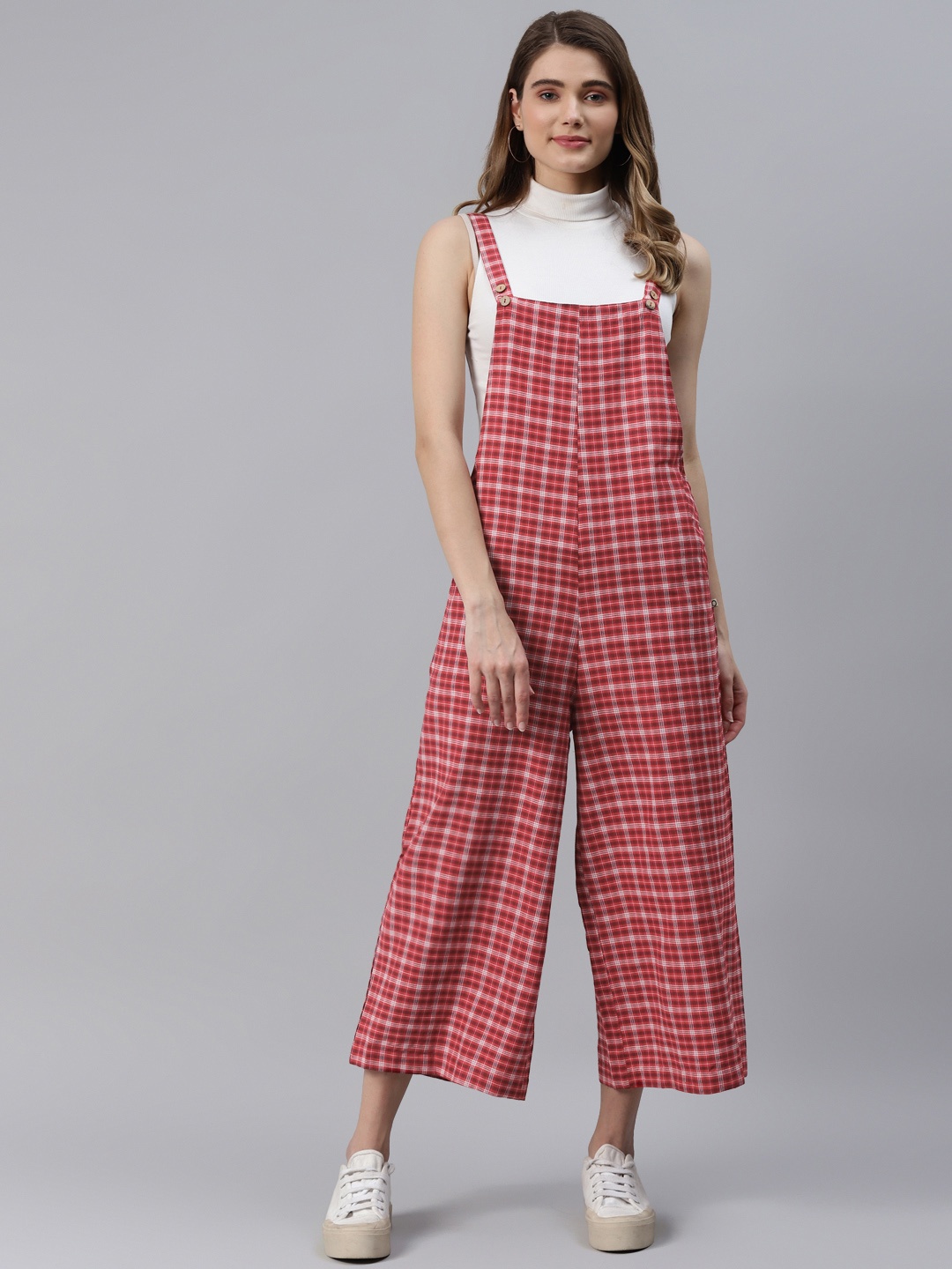 

FABNEST Women Red & White Checked Pure Cotton Loose Fit Dungarees