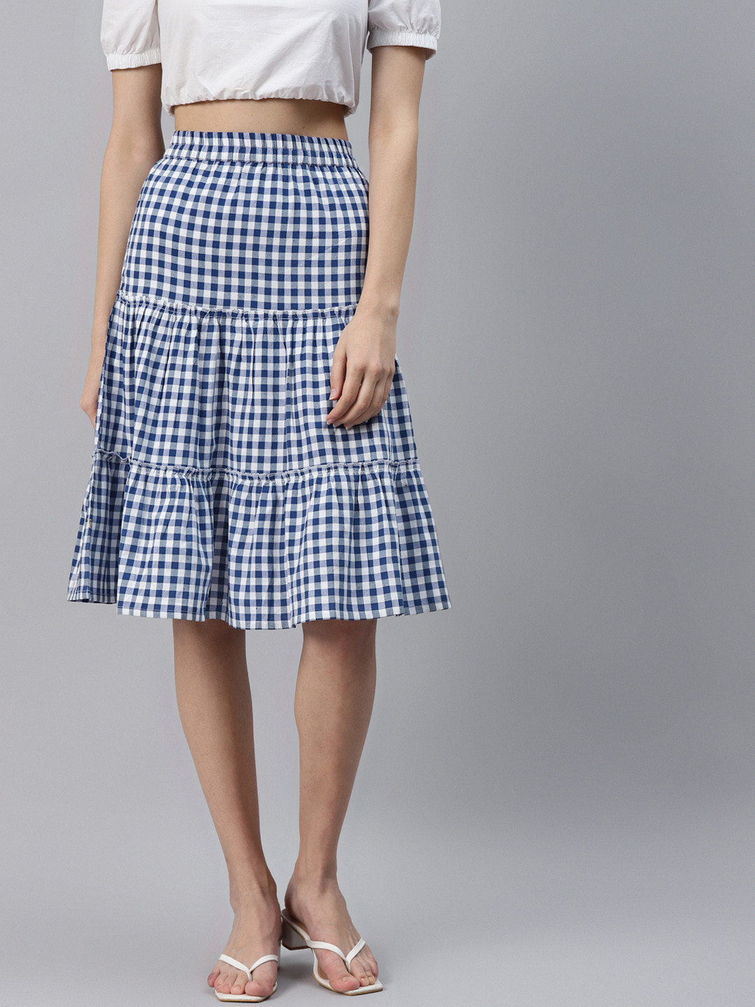 

FABNEST Blue & White Gingham Checks Pleated Ruffles Casual Flared Tiered Skirt