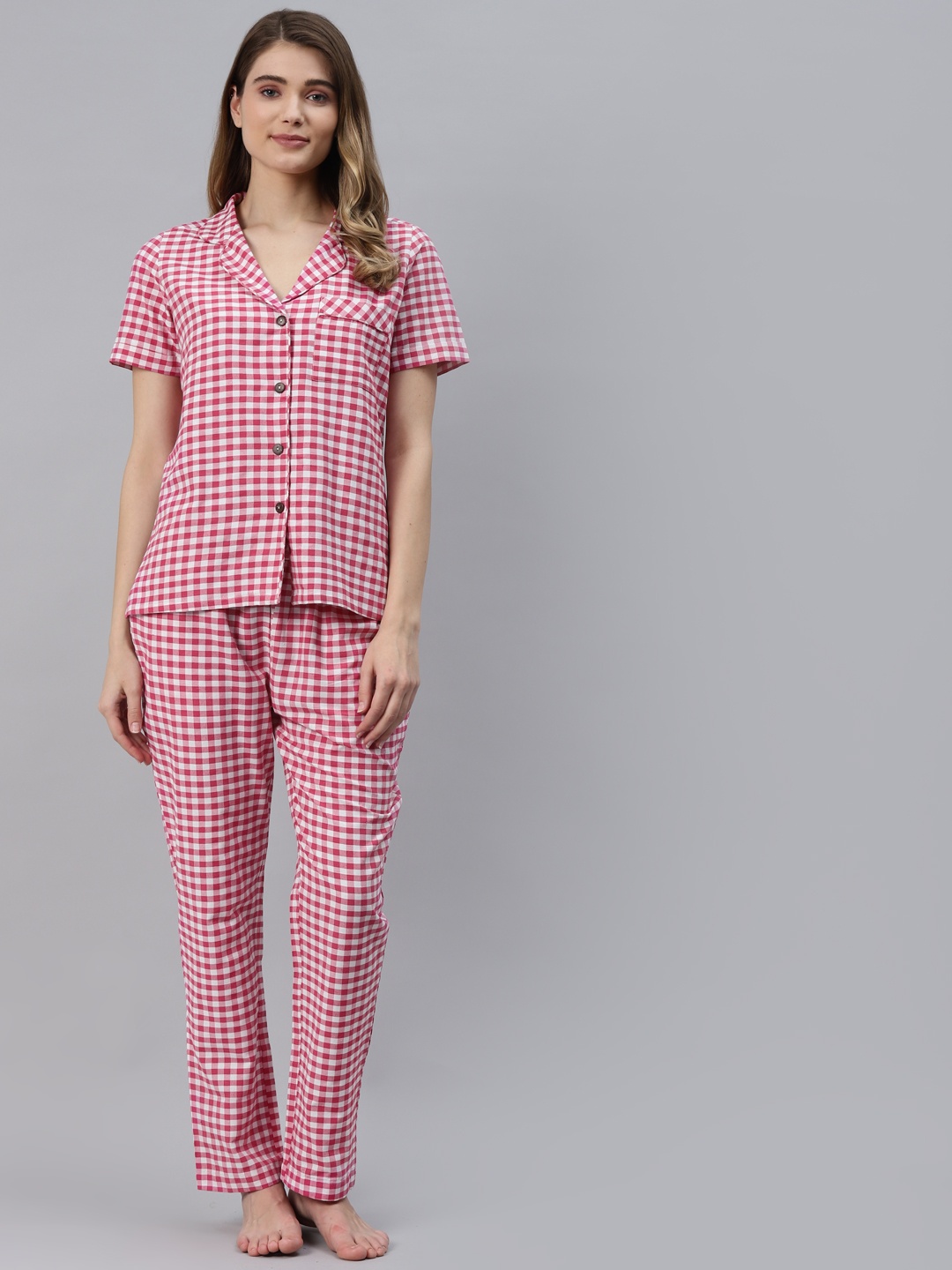 

FABNEST Women Pink & White Checked Night suit