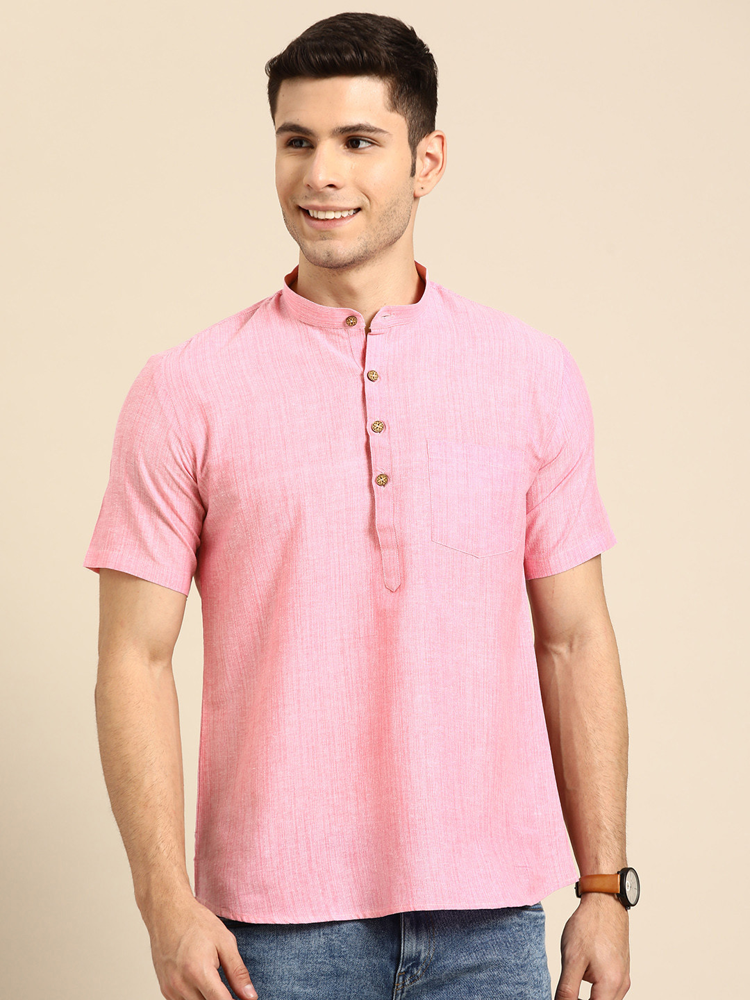 

RAJUBHAI HARGOVINDAS Men Pink Pure Cotton Handloom Short Kurta