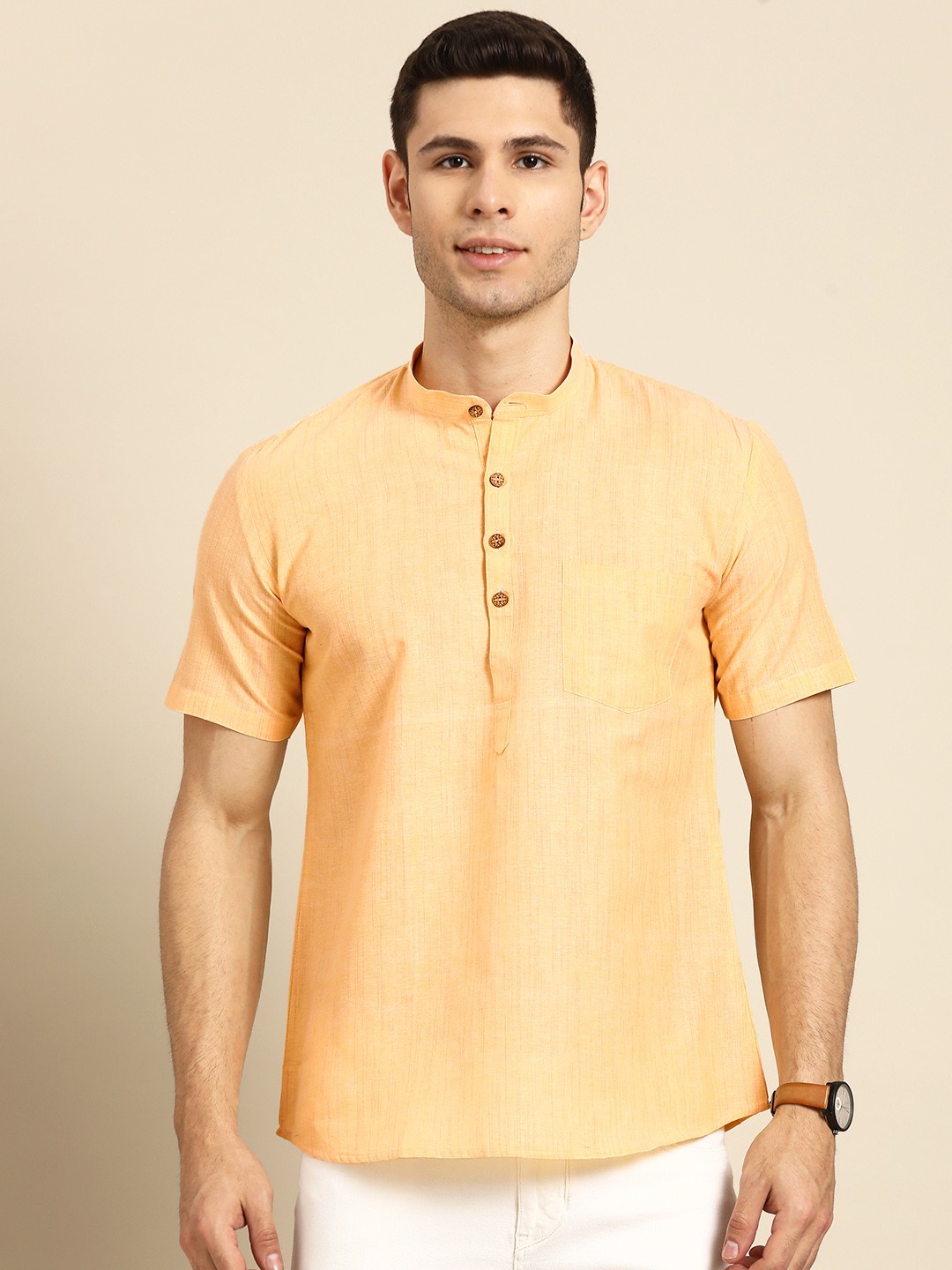 

RAJUBHAI HARGOVINDAS Men Yellow Pure Cotton Handloom Short Kurta