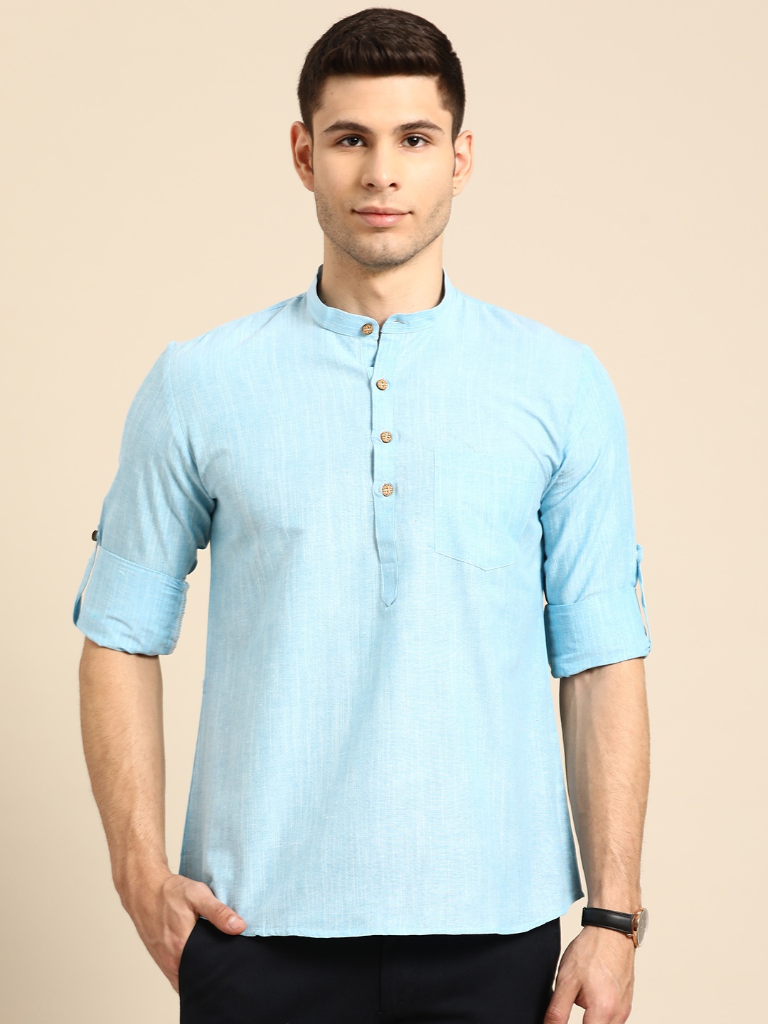 

RAJUBHAI HARGOVINDAS Men Blue Pure Cotton Handloom Short Kurta