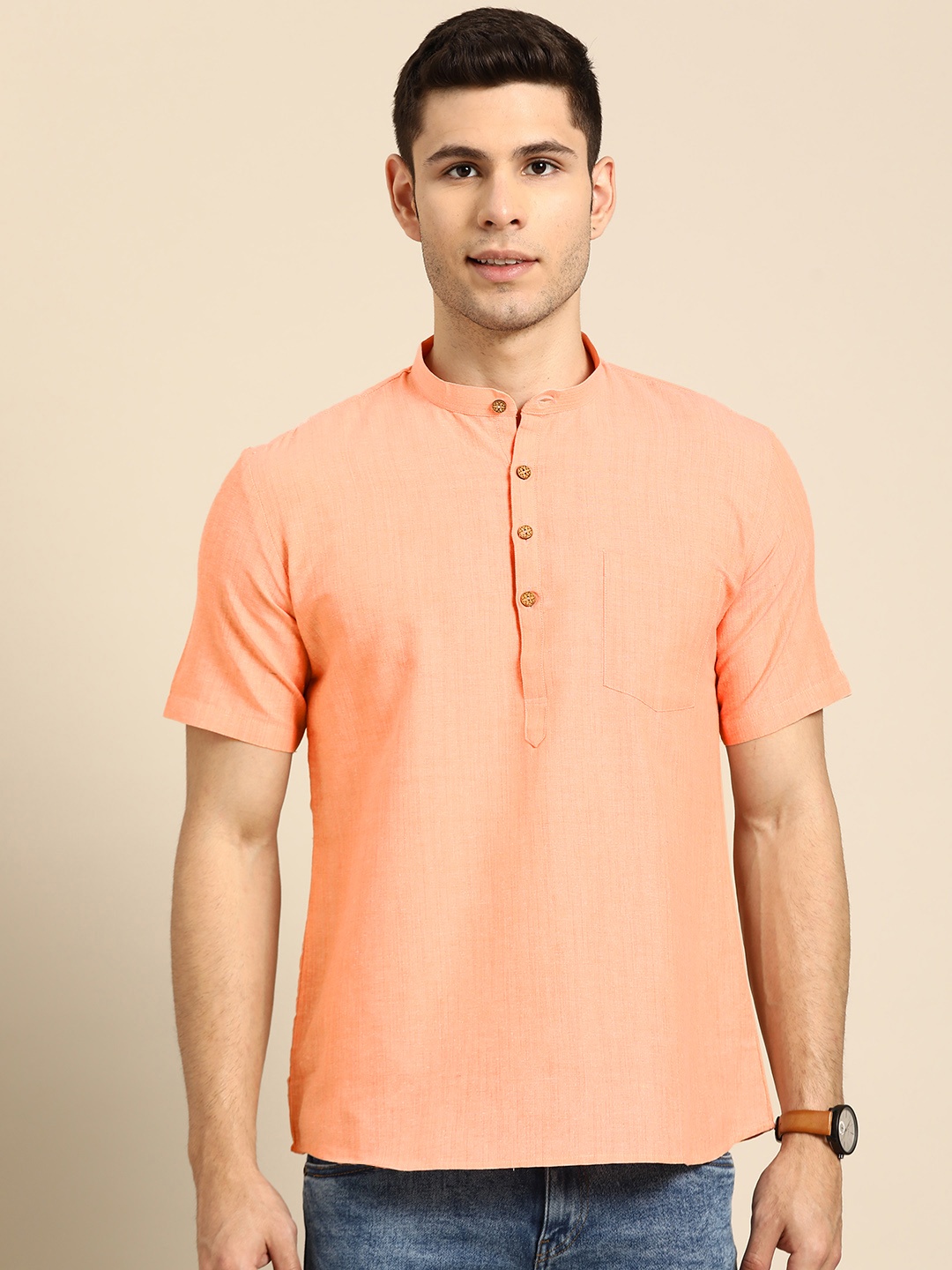 

RAJUBHAI HARGOVINDAS Men Peach-Coloured Pure Cotton Handloom Short Kurta