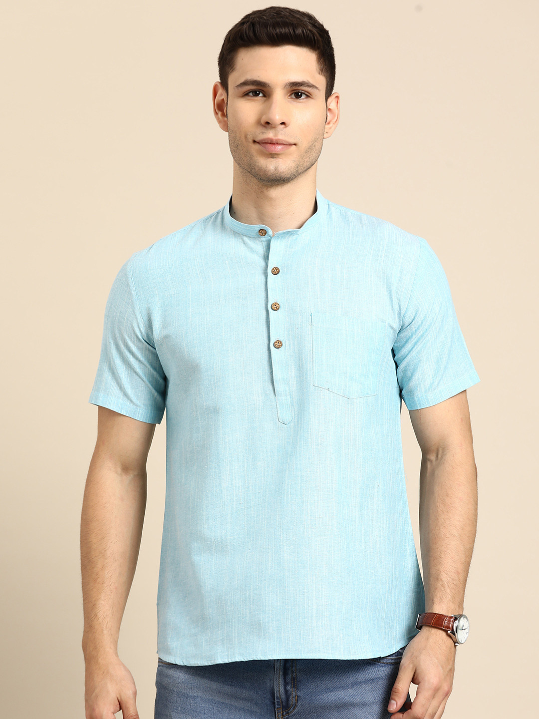 

RAJUBHAI HARGOVINDAS Men Blue Pure Cotton Handloom Short Kurta