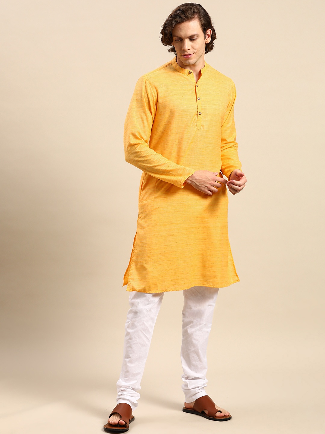 

Anouk Men Yellow Woven Design Kurta with Churidar