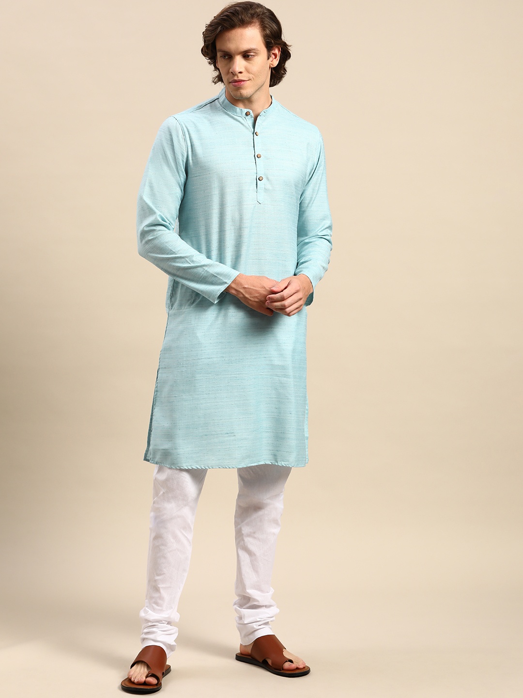 

Anouk Men Blue Woven Design Kurta with Churidar