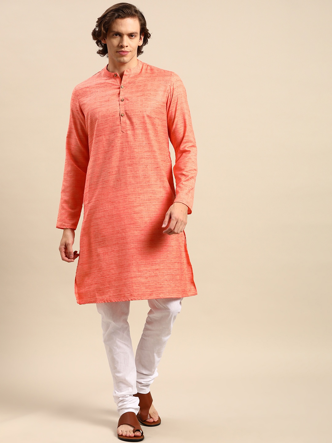 

Anouk Men Peach-Coloured Woven Design Kurta with Churidar