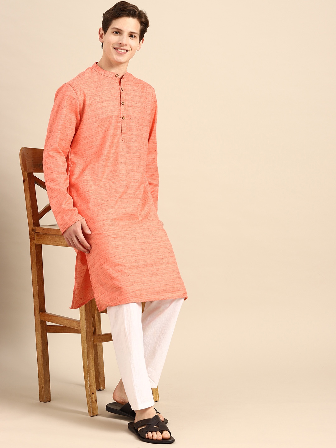 

Anouk Men Peach-Coloured Jacquard Woven Design Straight Kurta