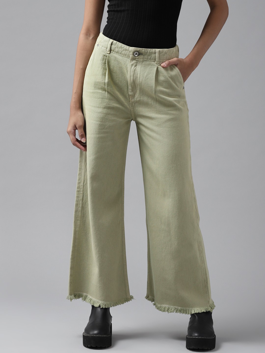 

Roadster Women Sage Green Pure Cotton Wide Leg High-Rise Jeans