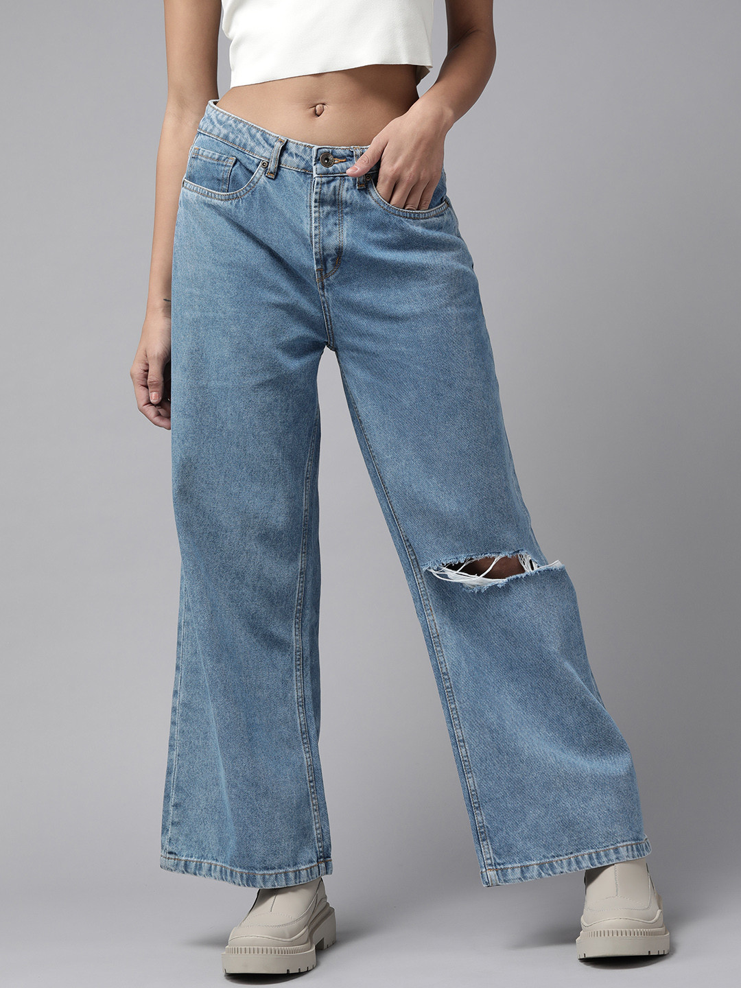 

Roadster Women Jean Wide Leg High-Rise Slash Knee Cotton Jeans, Blue