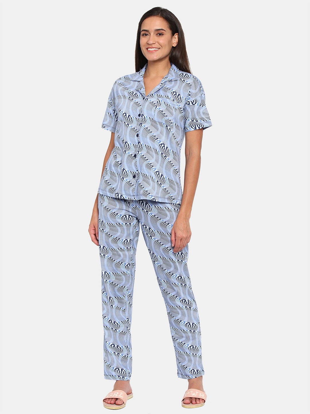 

Zivame Women Blue & White Printed Night suit