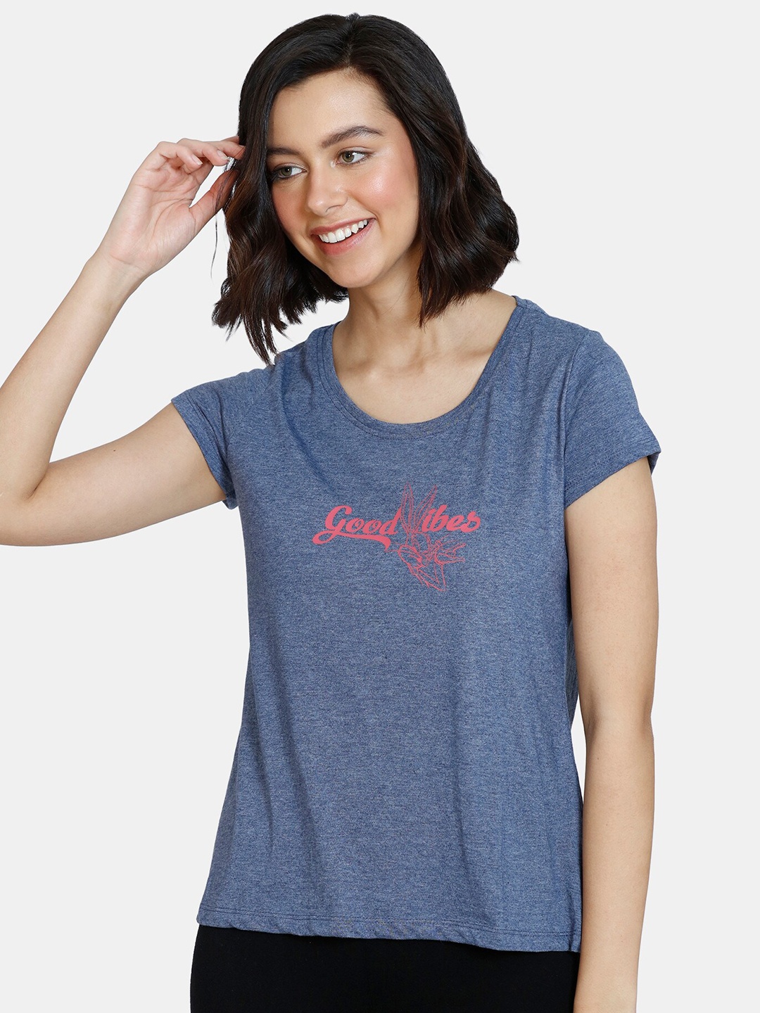 

Zivame Women Blue Typography Printed T-shirt