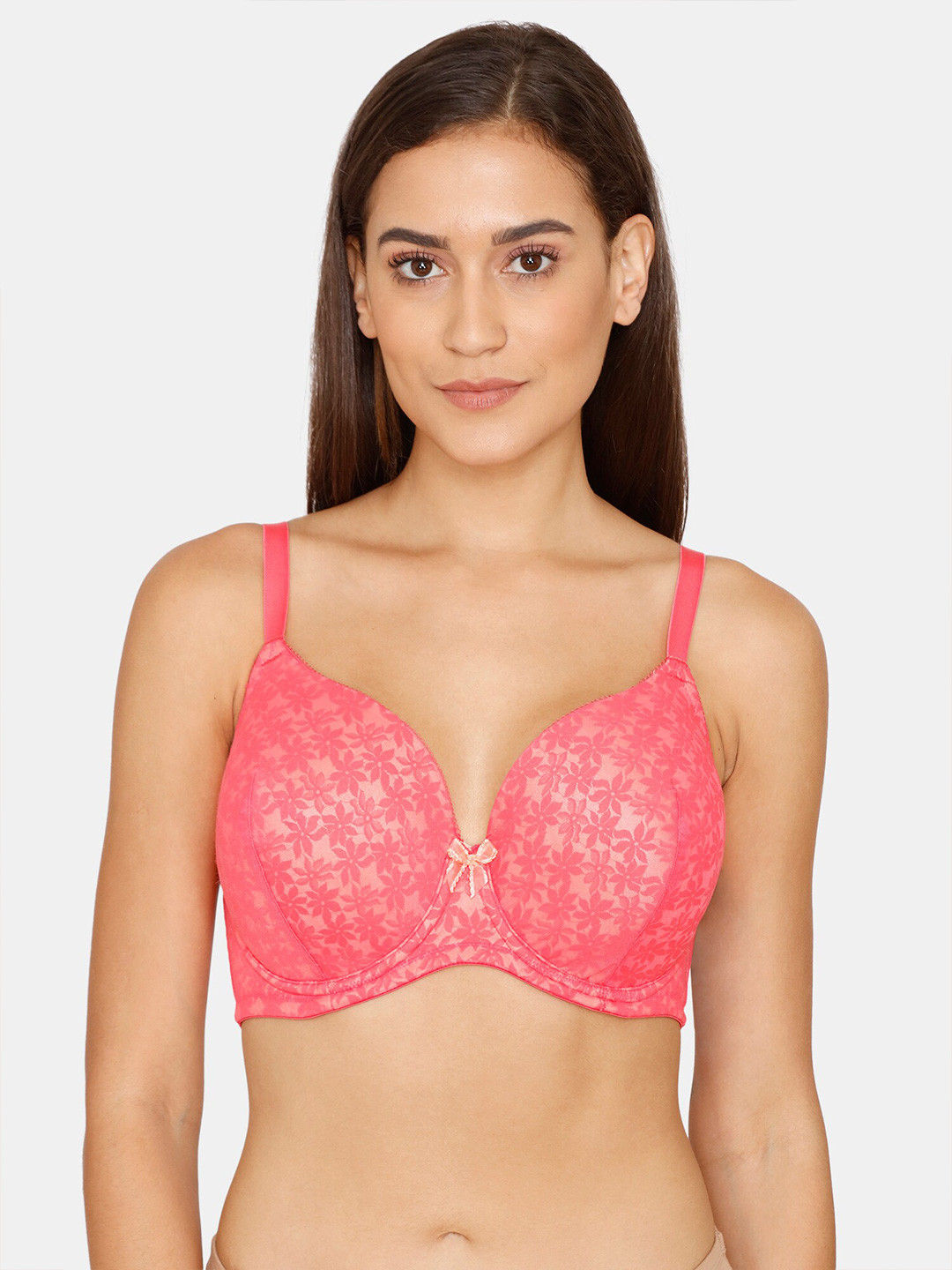 

Zivame Floral Printed Full Coverage Lightly Padded T-shirt Bra With All Day Comfort, Coral