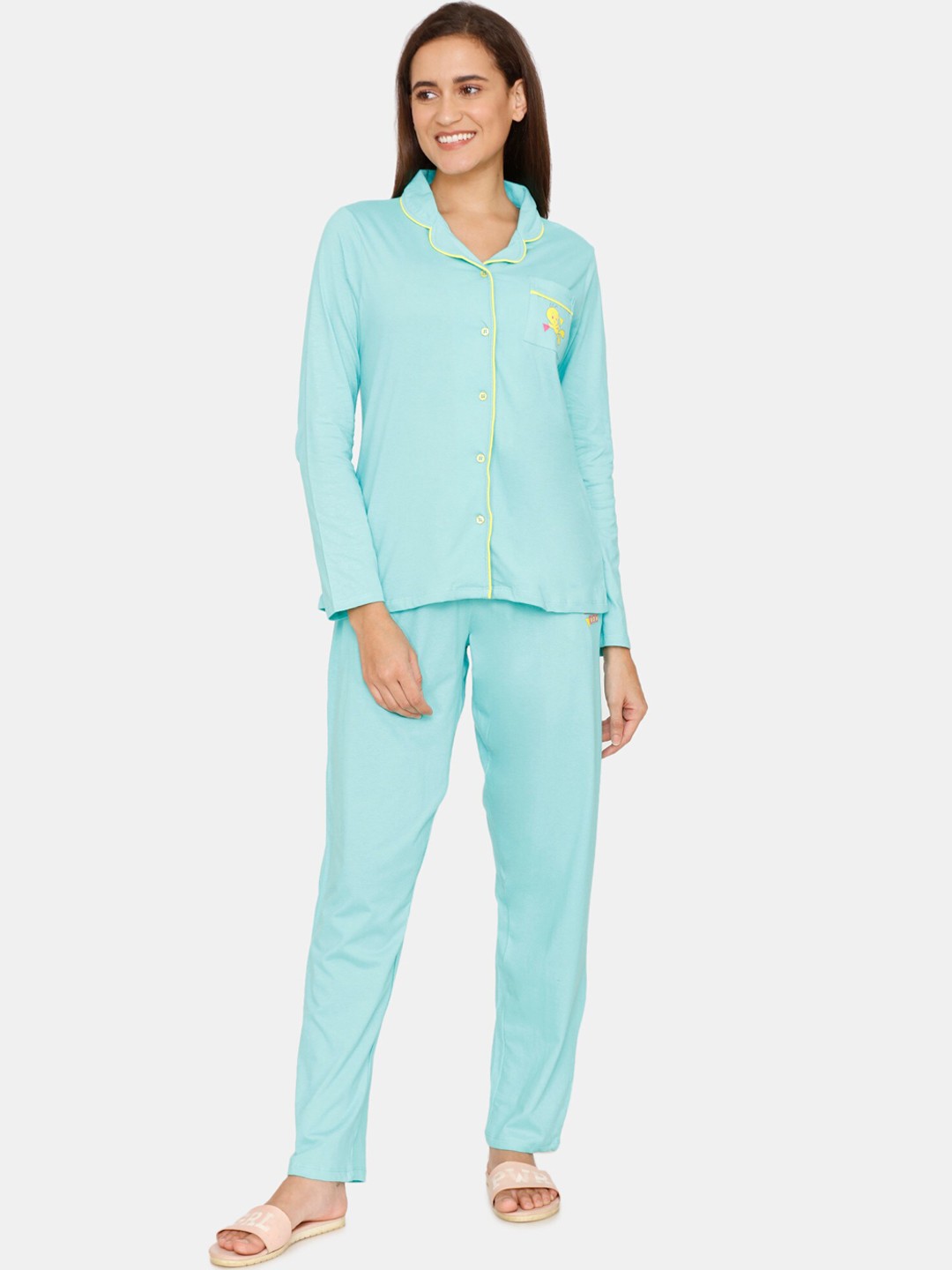 

Zivame Women Green & Yellow Printed Pure Cotton Night suit