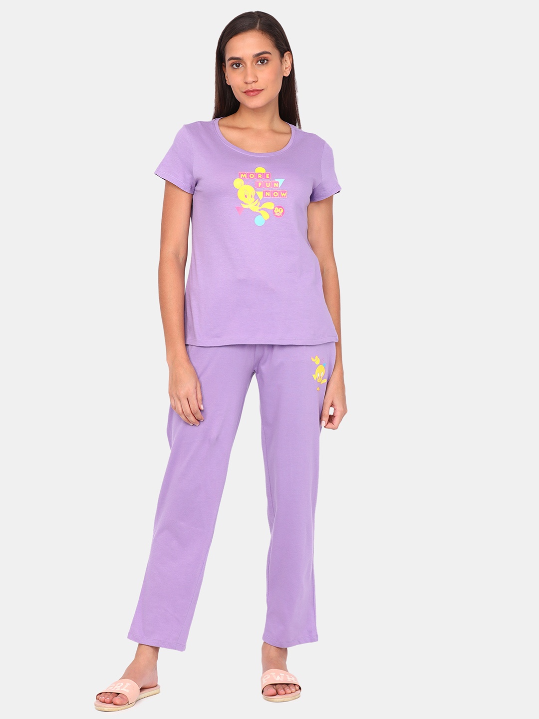 

Zivame Women Purple & Yellow Printed Night suit