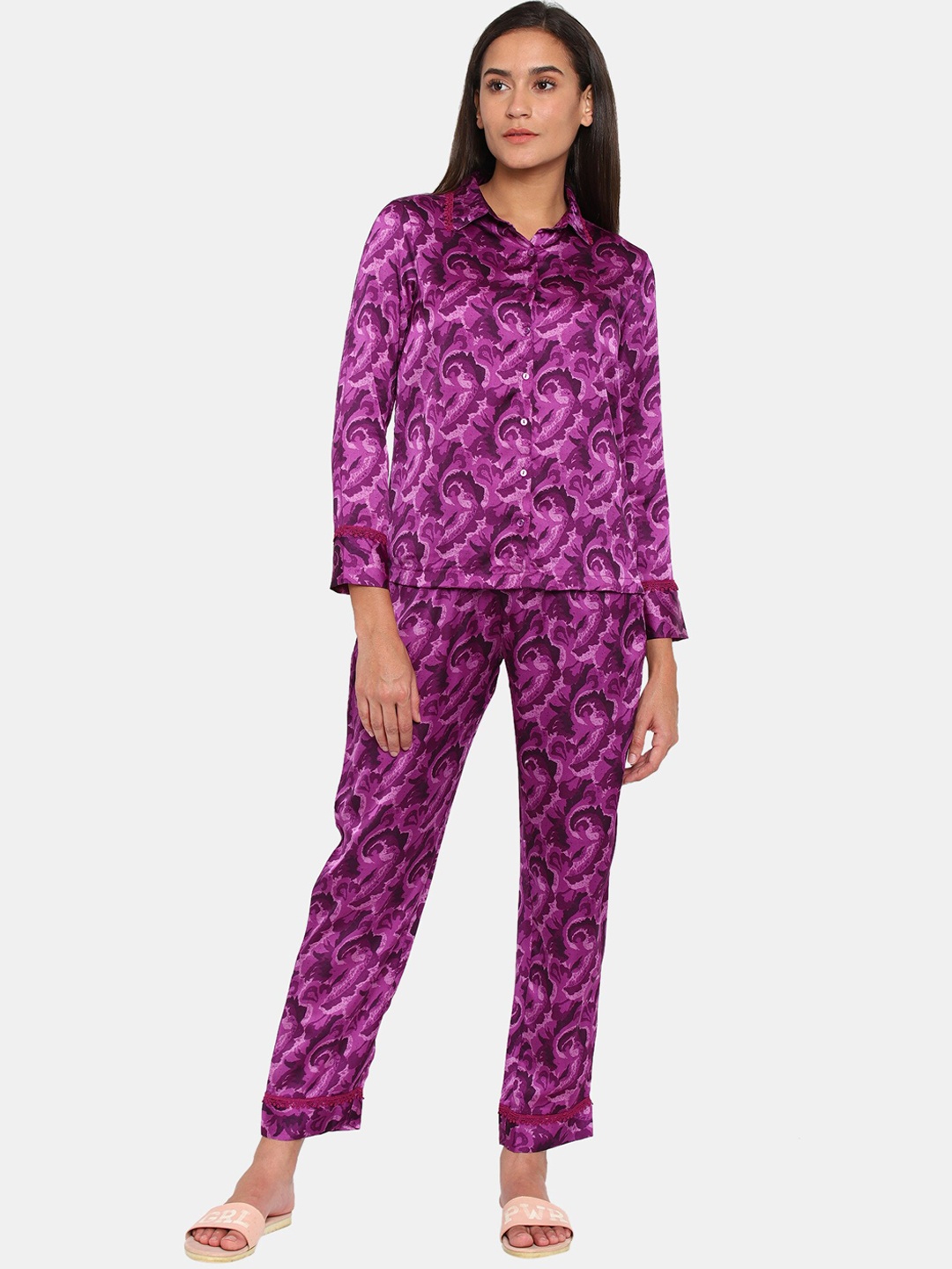 

Zivame Women Purple Abstract Printed Night suits