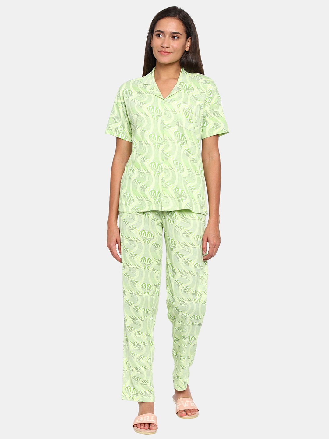 

Zivame Women Yellow & Green Printed Night suit