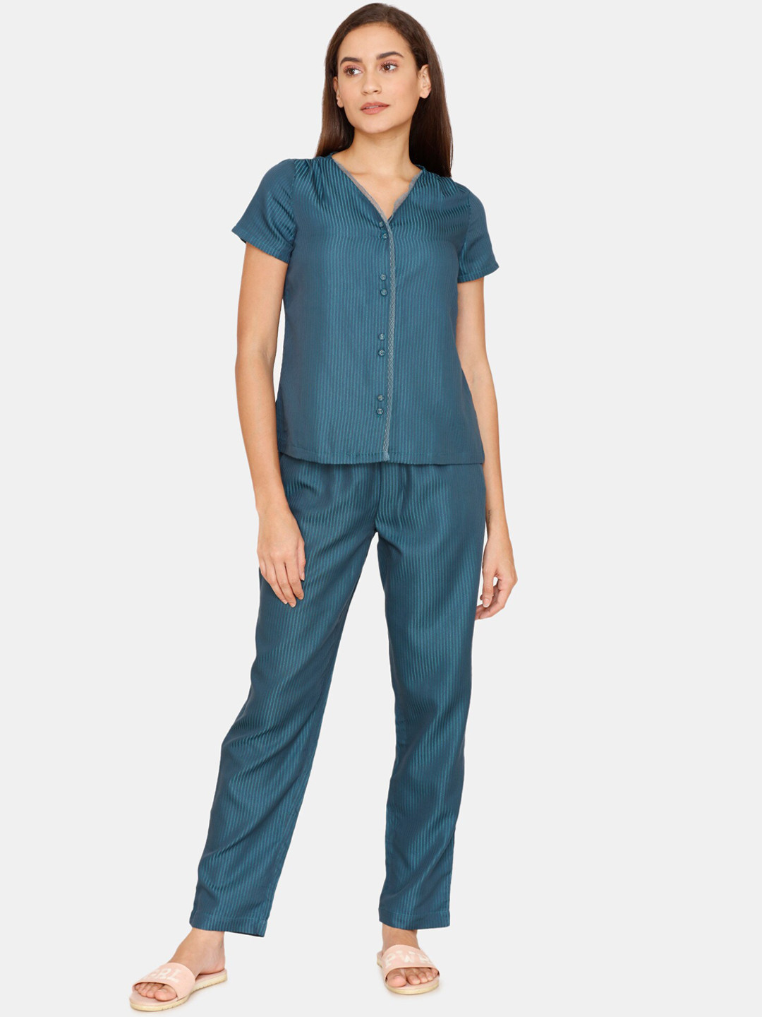 

Zivame Women Blue Striped Pure Cotton Night suit
