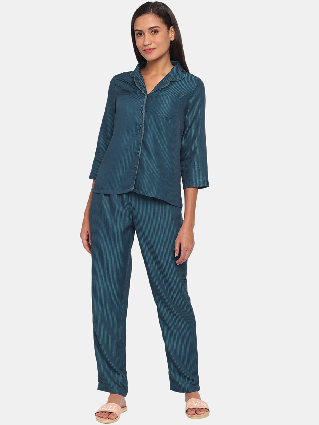 Zivame Women Blue & Grey Striped Night suit