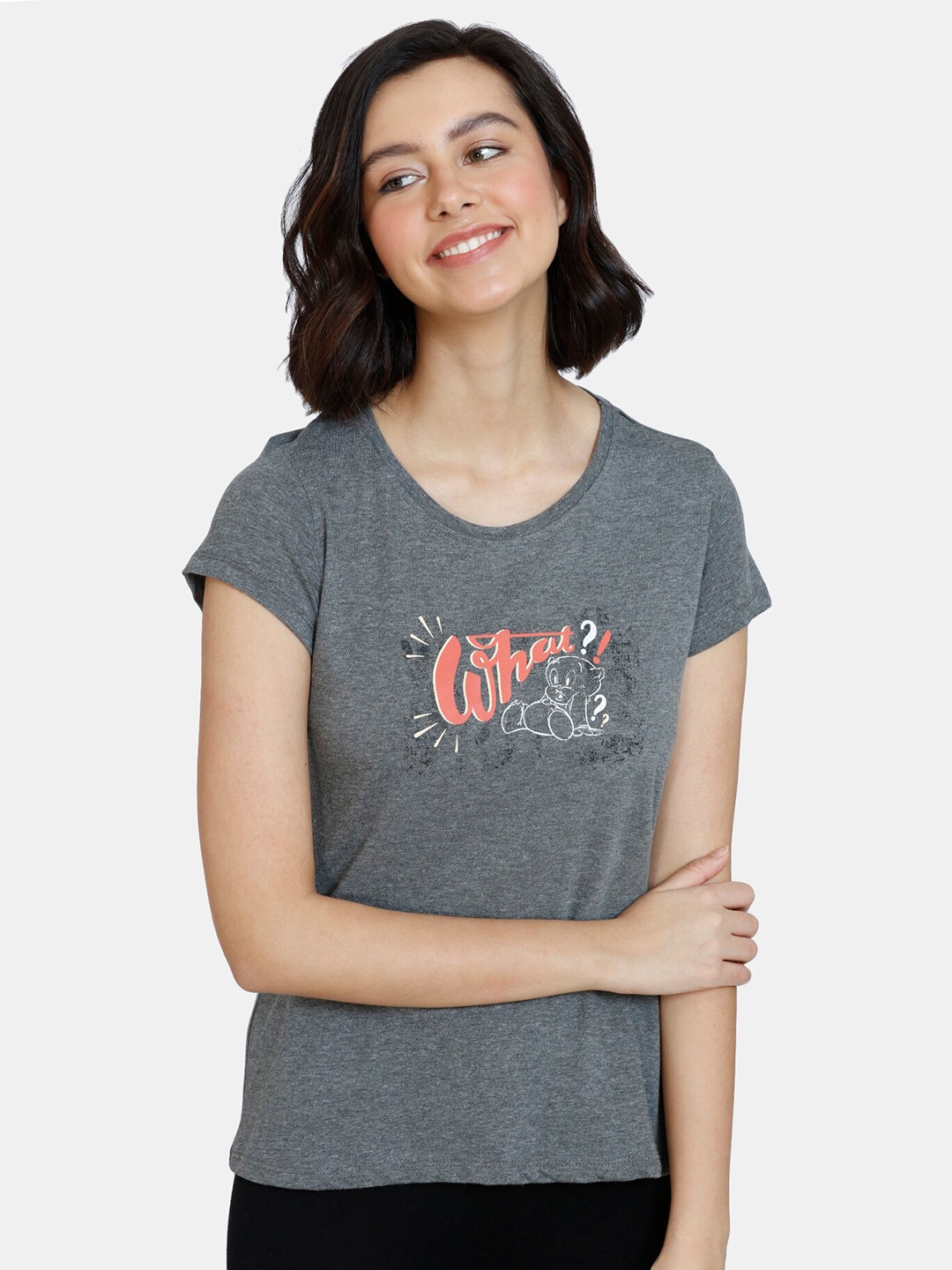 

Zivame Women Grey & Black Printed Regular Top