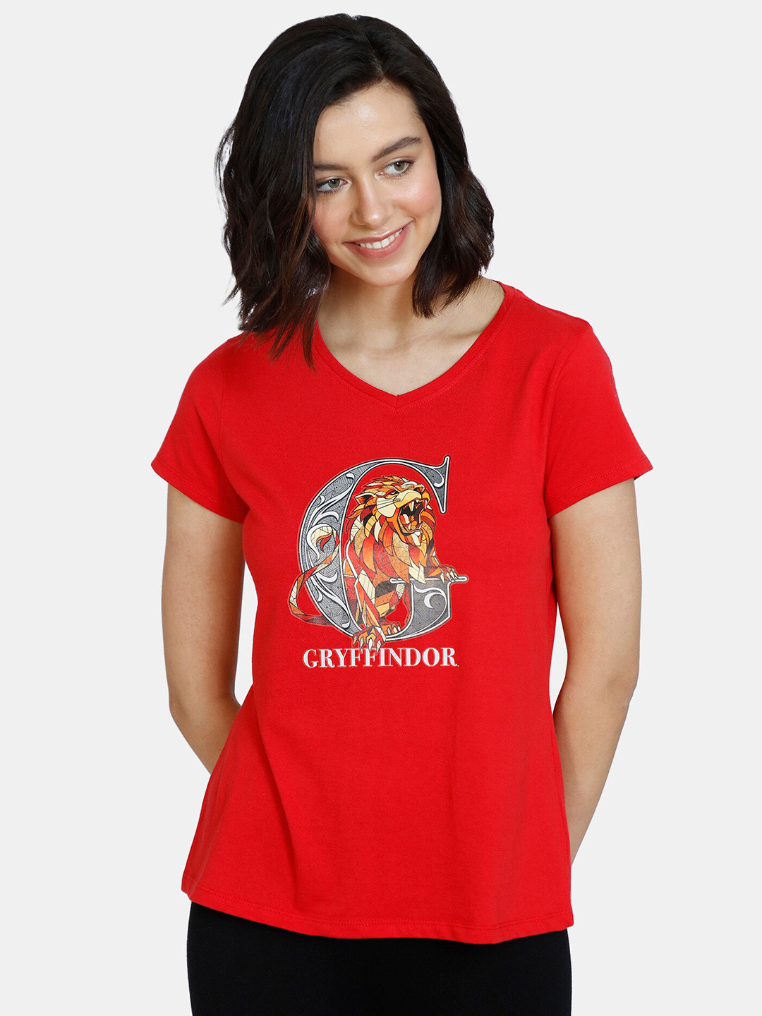 

Zivame Women Red Printed V-Neck T-shirt
