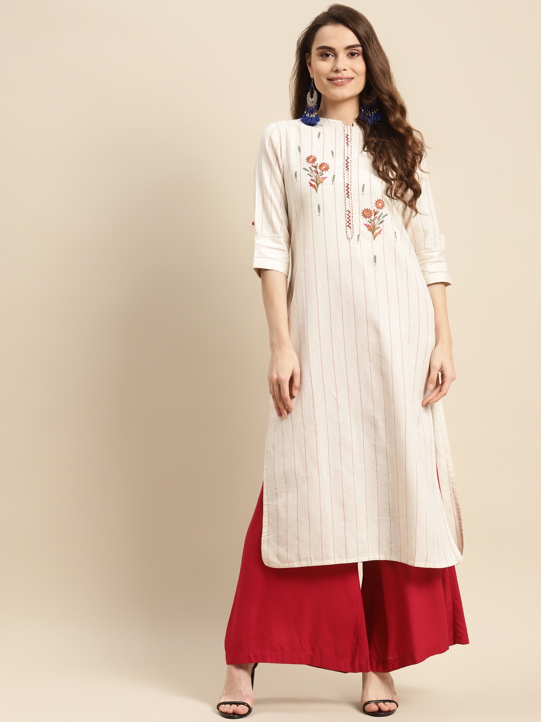 

Prakrti Women Off White & Red Lurex Striped Mandarin Collar Thread Work Pure Cotton Kurta